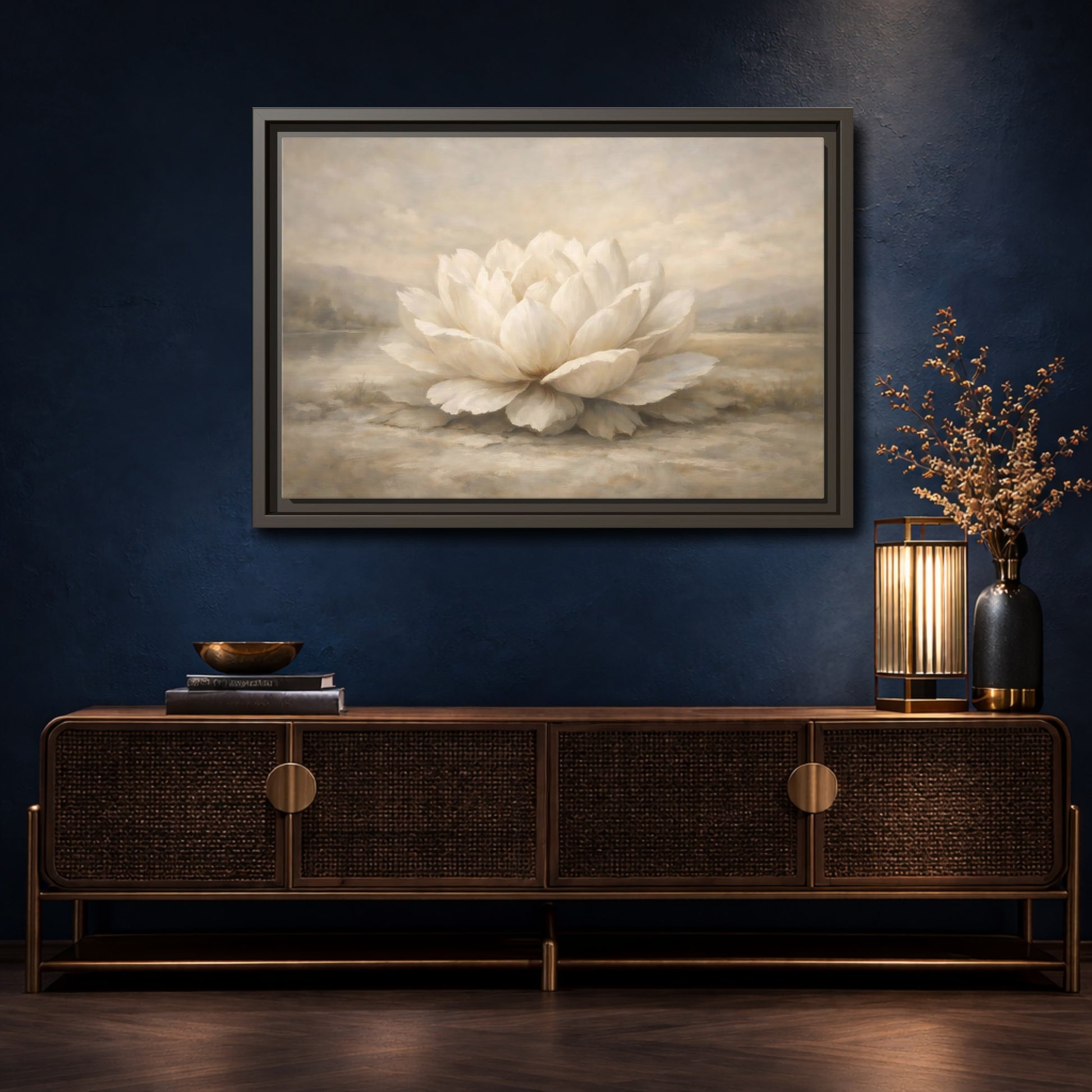 Mockup 4. Floral Lotus Flower White And Neutral shown as stretched canvas wall art