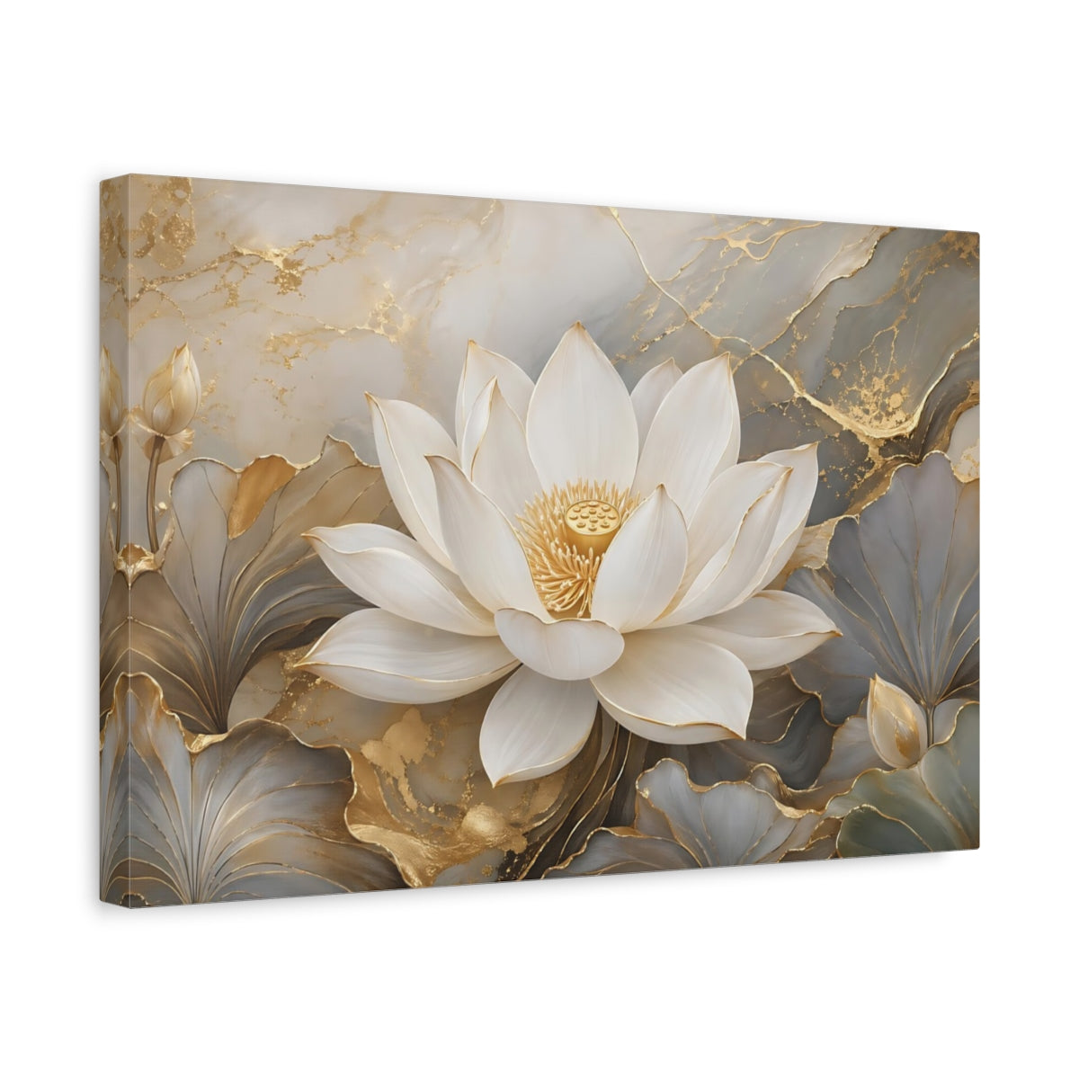 Side Mockup 4. Floral Lotus Flower White Lotus Gold shown as stretched canvas wall art
