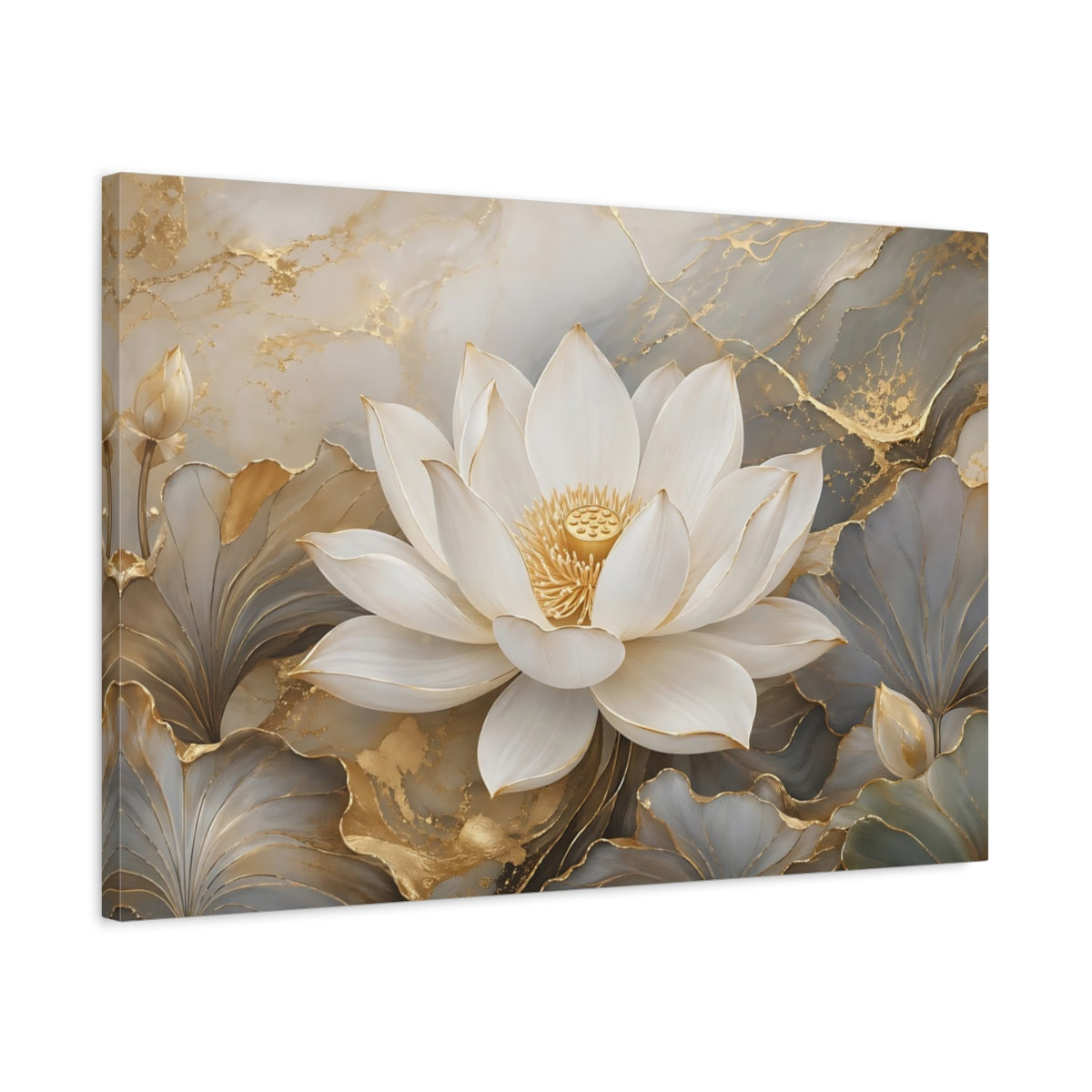 Side Mockup 2. Floral Lotus Flower White Lotus Gold shown as stretched canvas wall art
