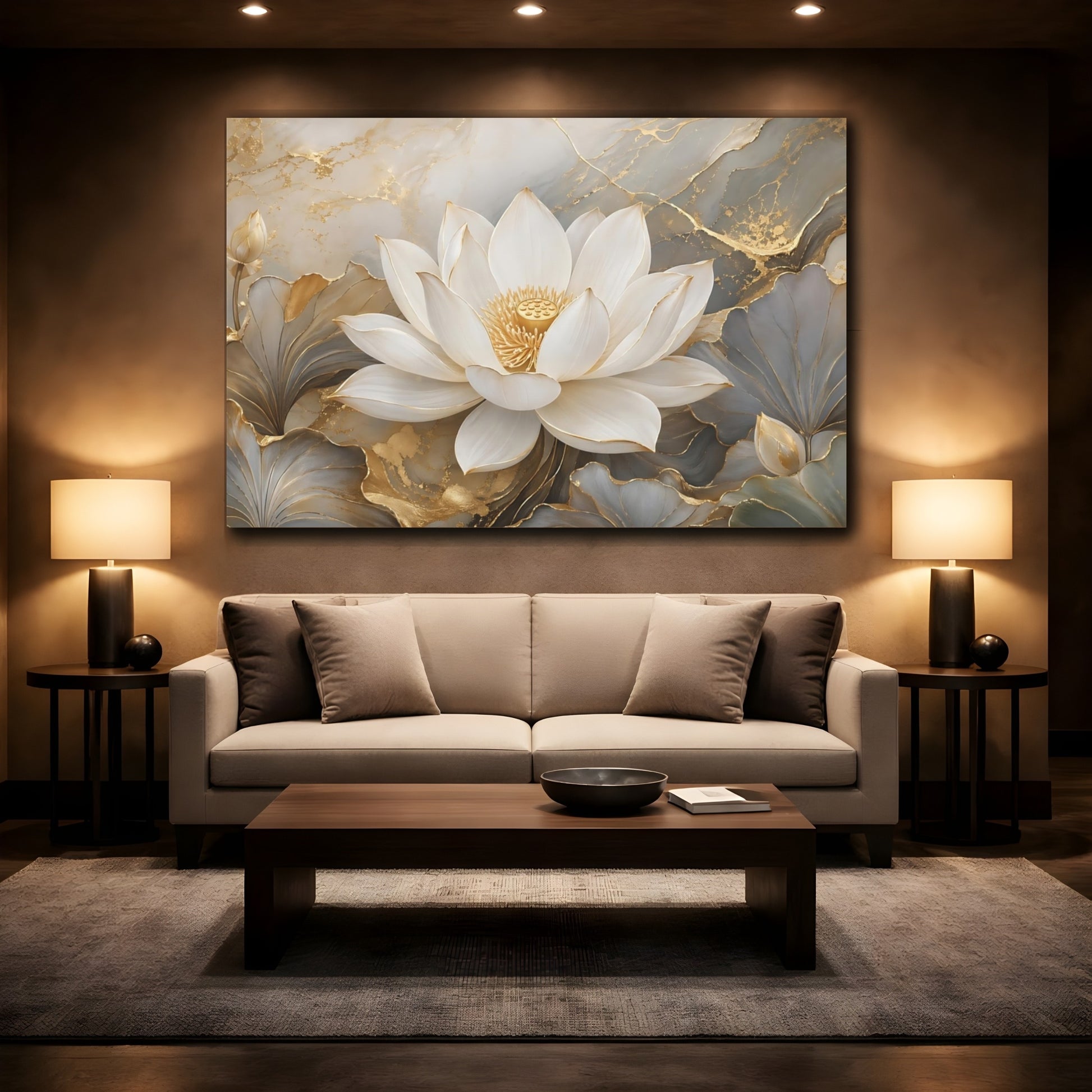 Mockup 2. Floral Lotus Flower White Lotus Gold shown as stretched canvas wall art