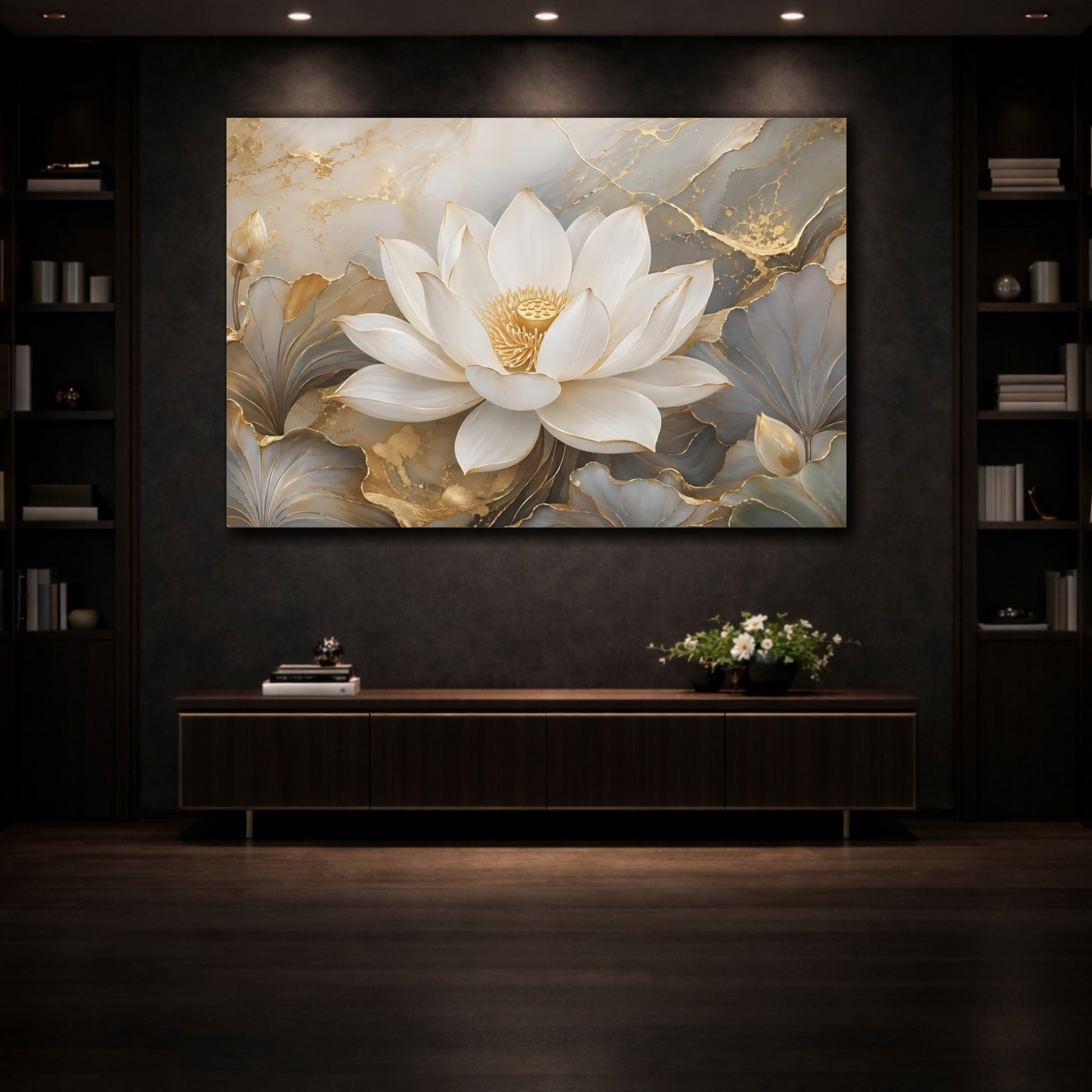 Mockup 3. Floral Lotus Flower White Lotus Gold shown as stretched canvas wall art