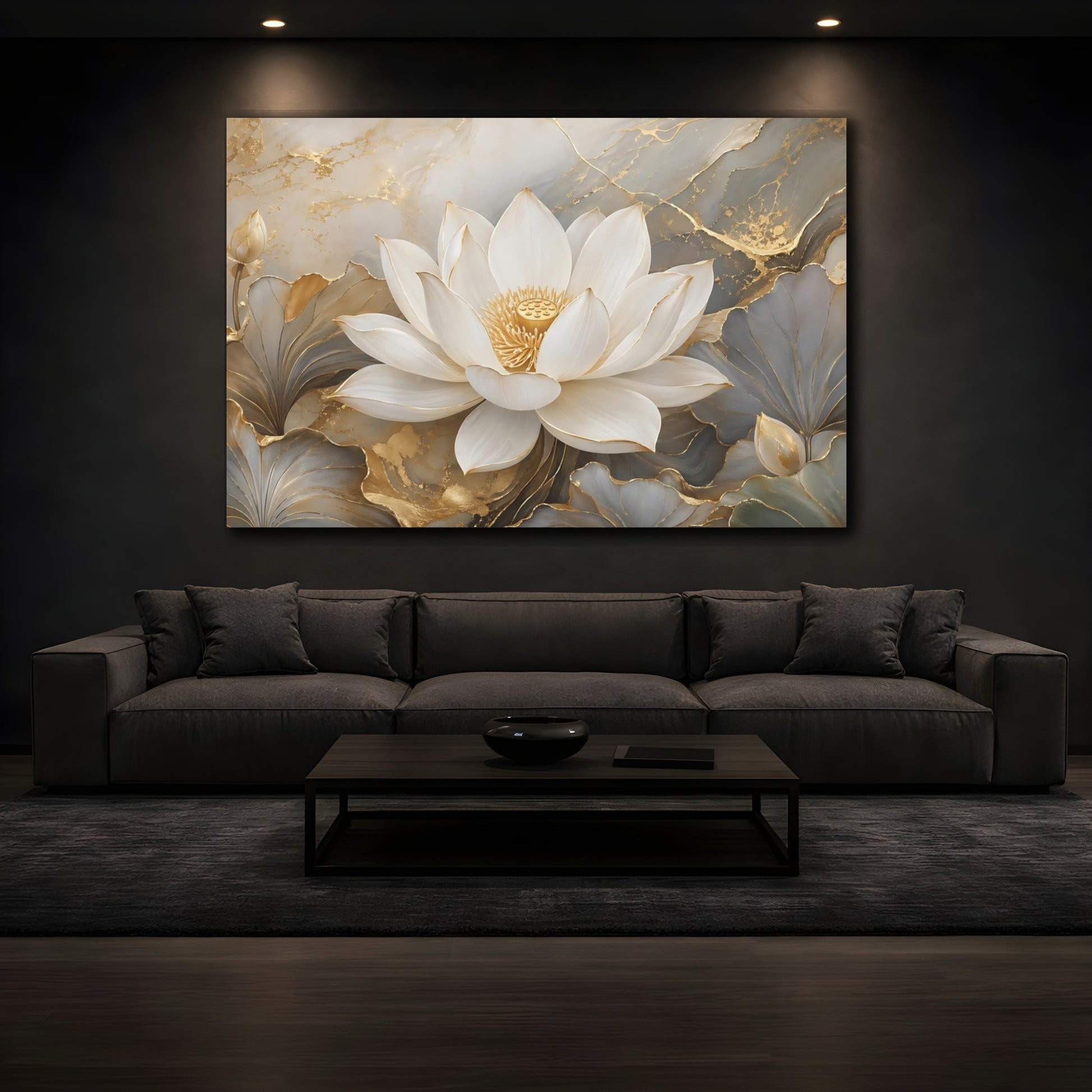 Mockup 4. Floral Lotus Flower White Lotus Gold shown as stretched canvas wall art