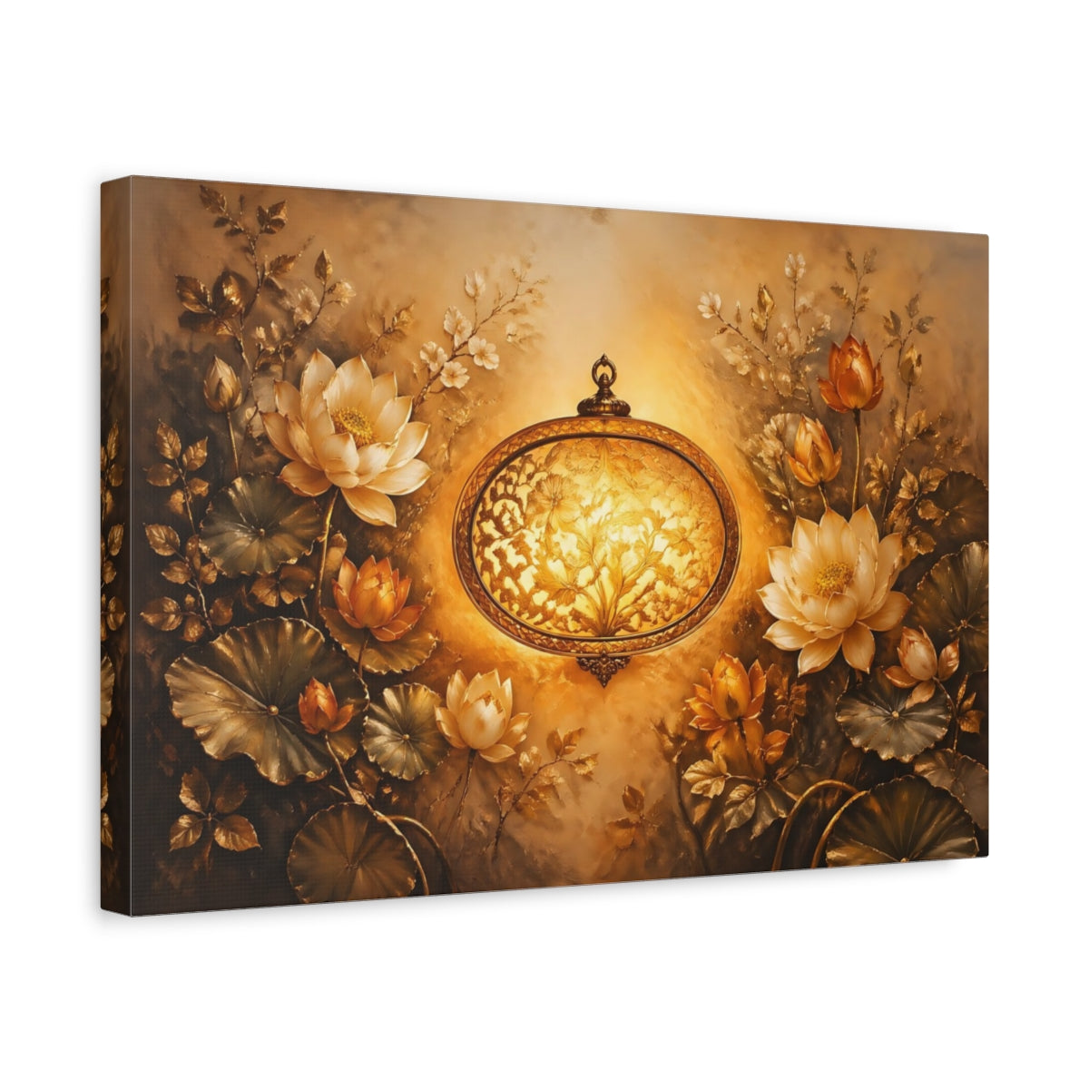 Side Mockup 4. Floral Lotus Flowers Golden Lotus shown as stretched canvas wall art