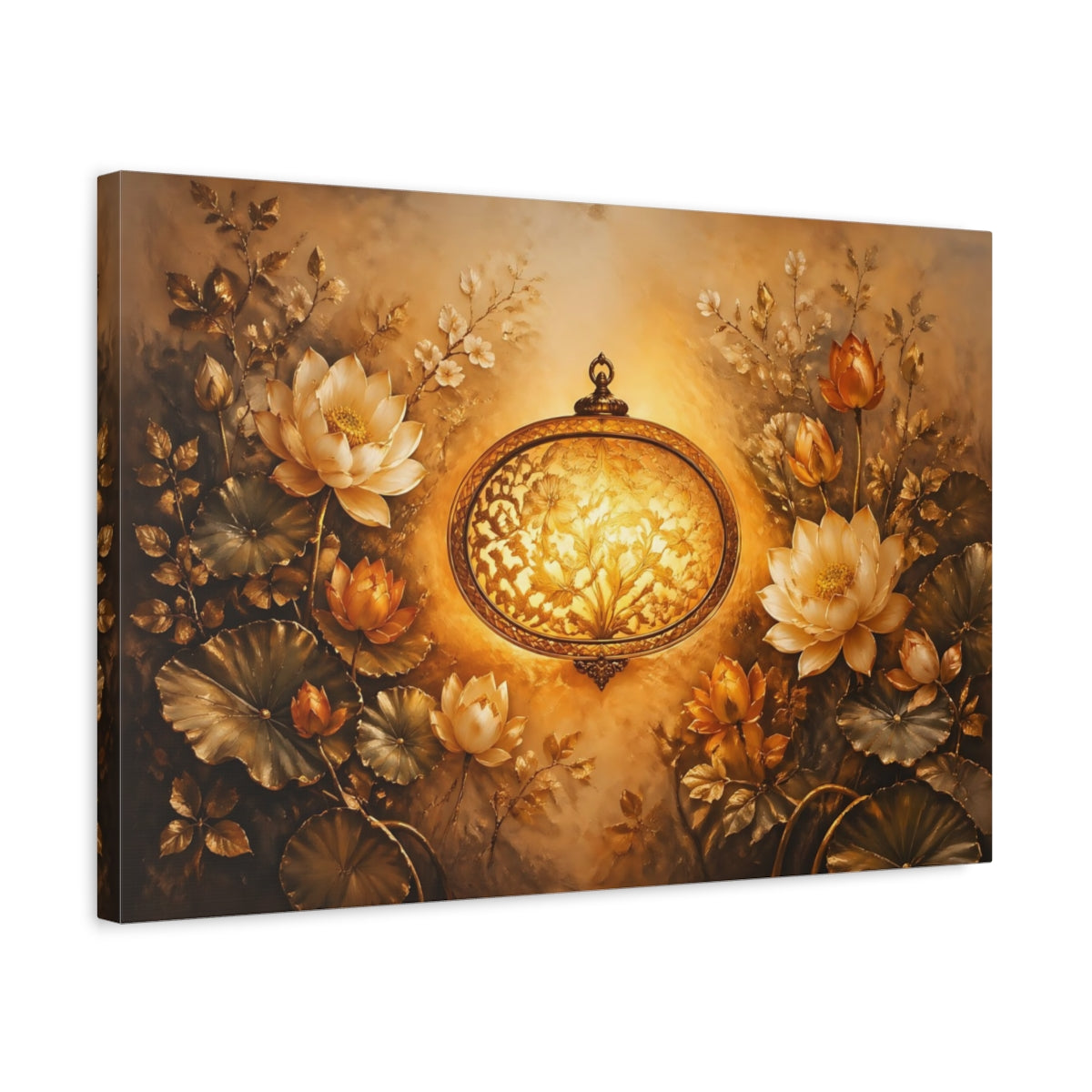 Side Mockup 3. Floral Lotus Flowers Golden Lotus shown as stretched canvas wall art