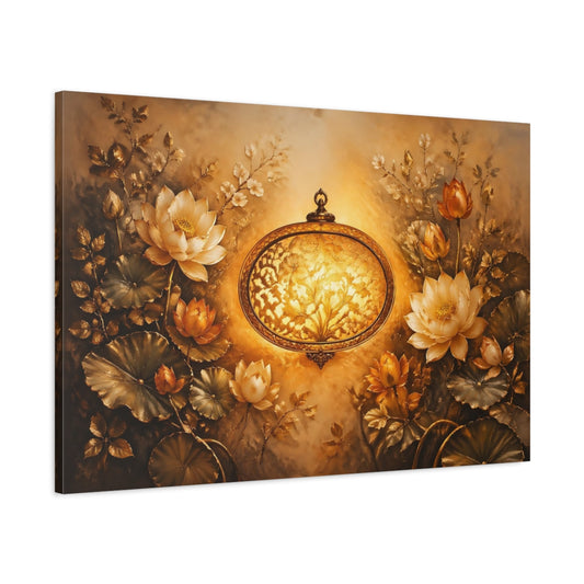 Main Mockup. Floral Lotus Flowers Golden Lotus shown as stretched canvas wall art