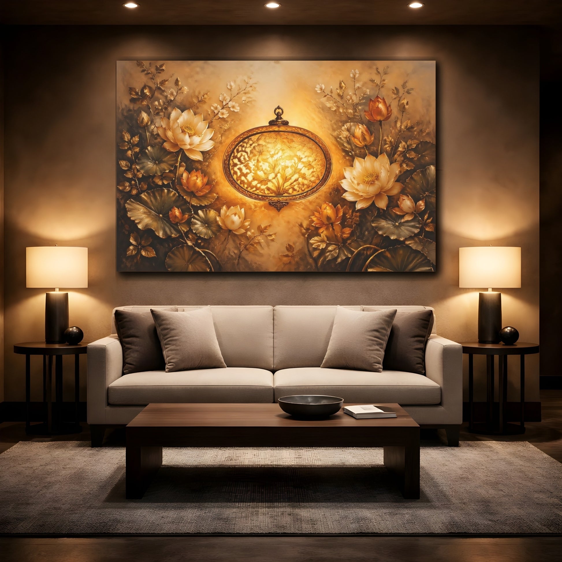 Mockup 2. Floral Lotus Flowers Golden Lotus shown as stretched canvas wall art