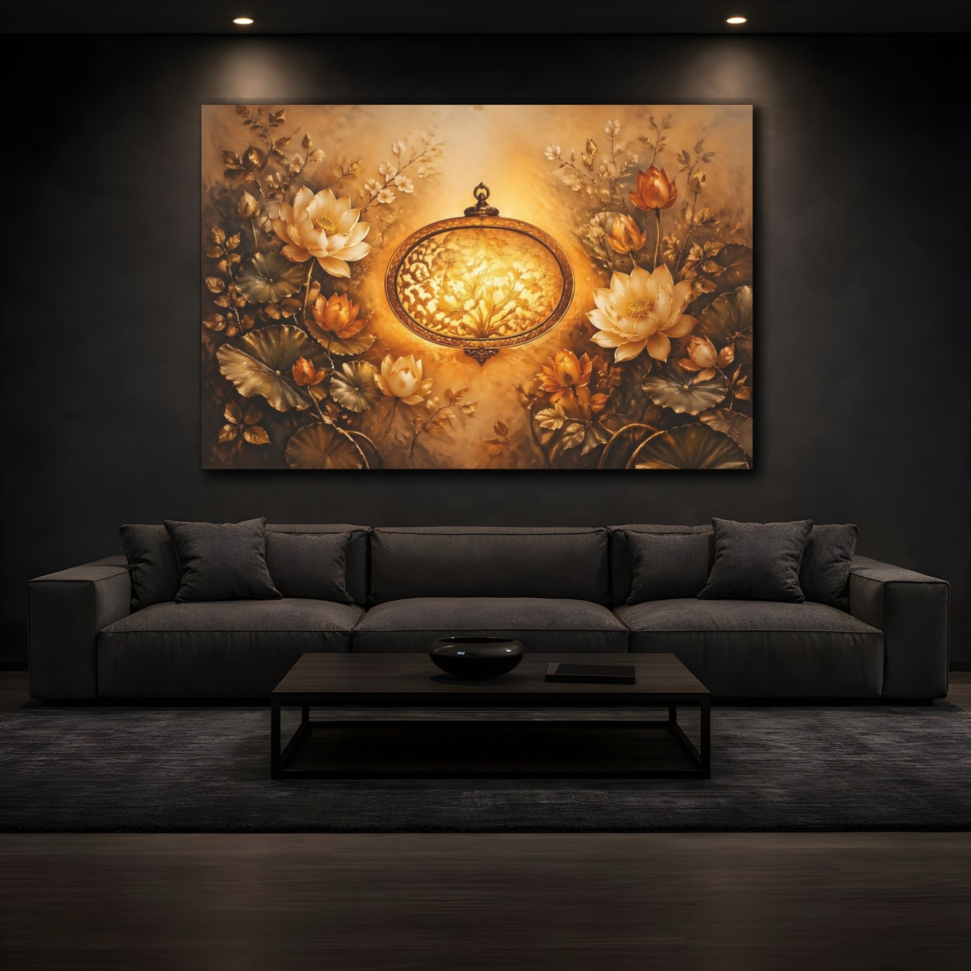 Mockup 3. Floral Lotus Flowers Golden Lotus shown as stretched canvas wall art