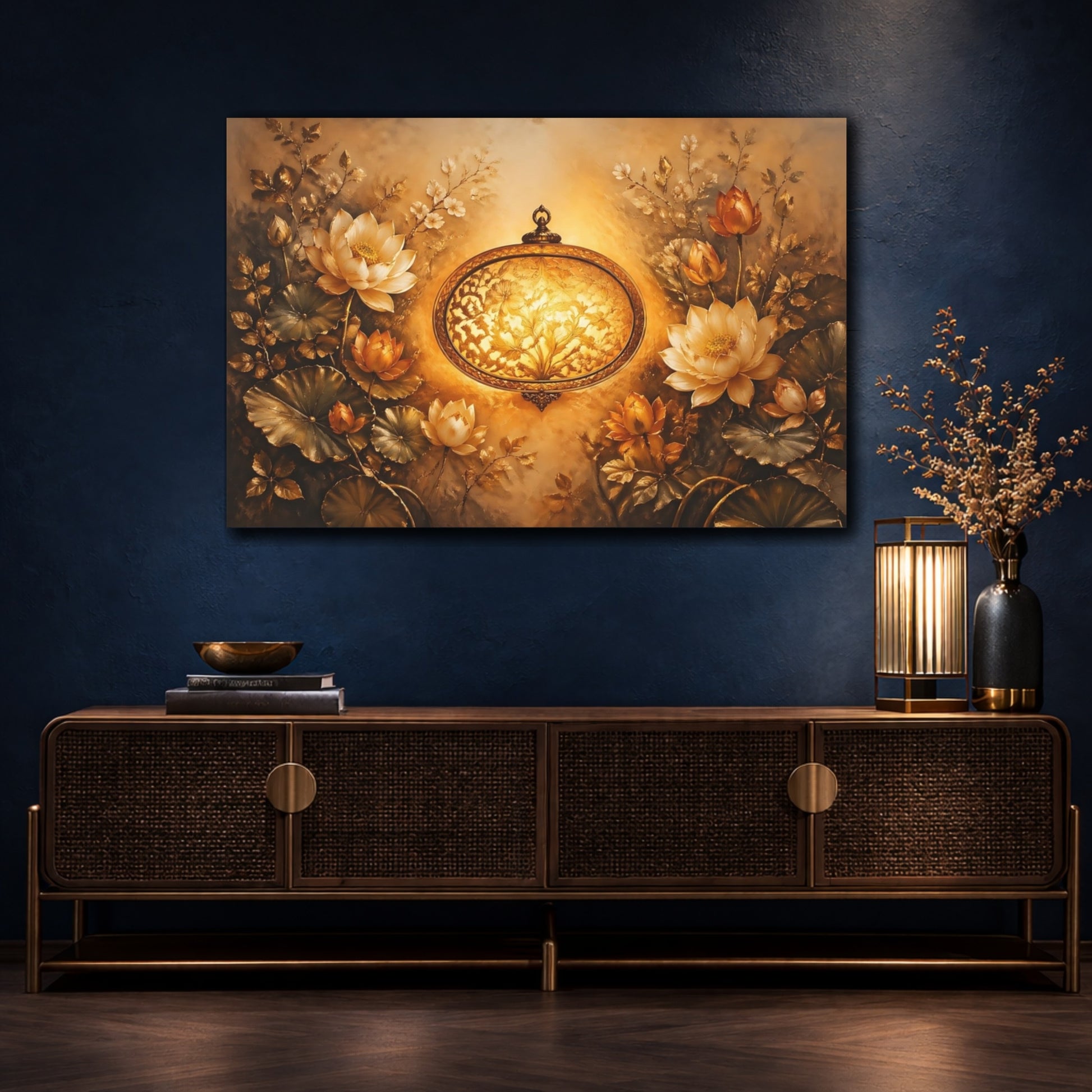 Mockup 4. Floral Lotus Flowers Golden Lotus shown as stretched canvas wall art