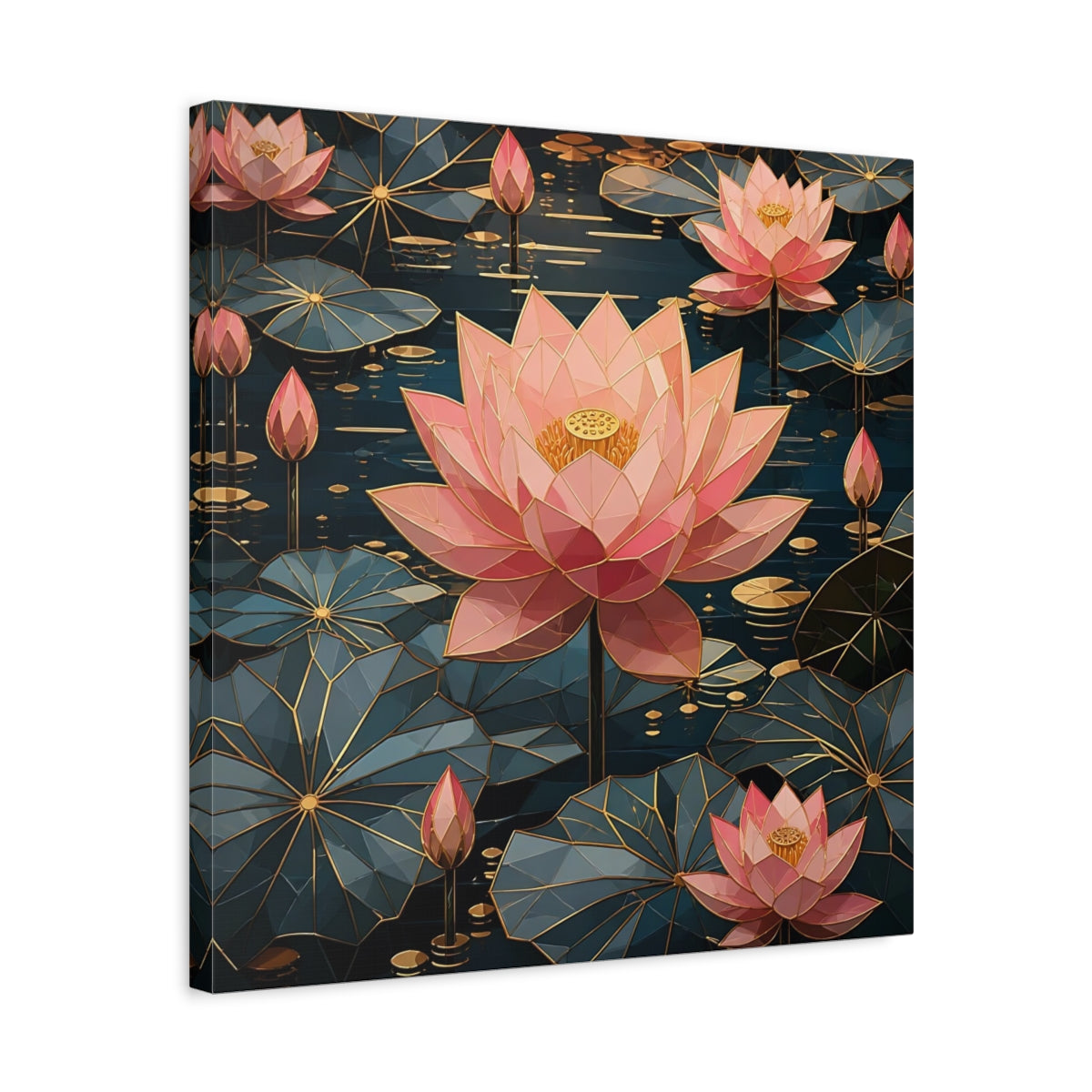Side Mockup 5. Floral Lotus Flowers Pink And Teal Floral shown as stretched canvas wall art