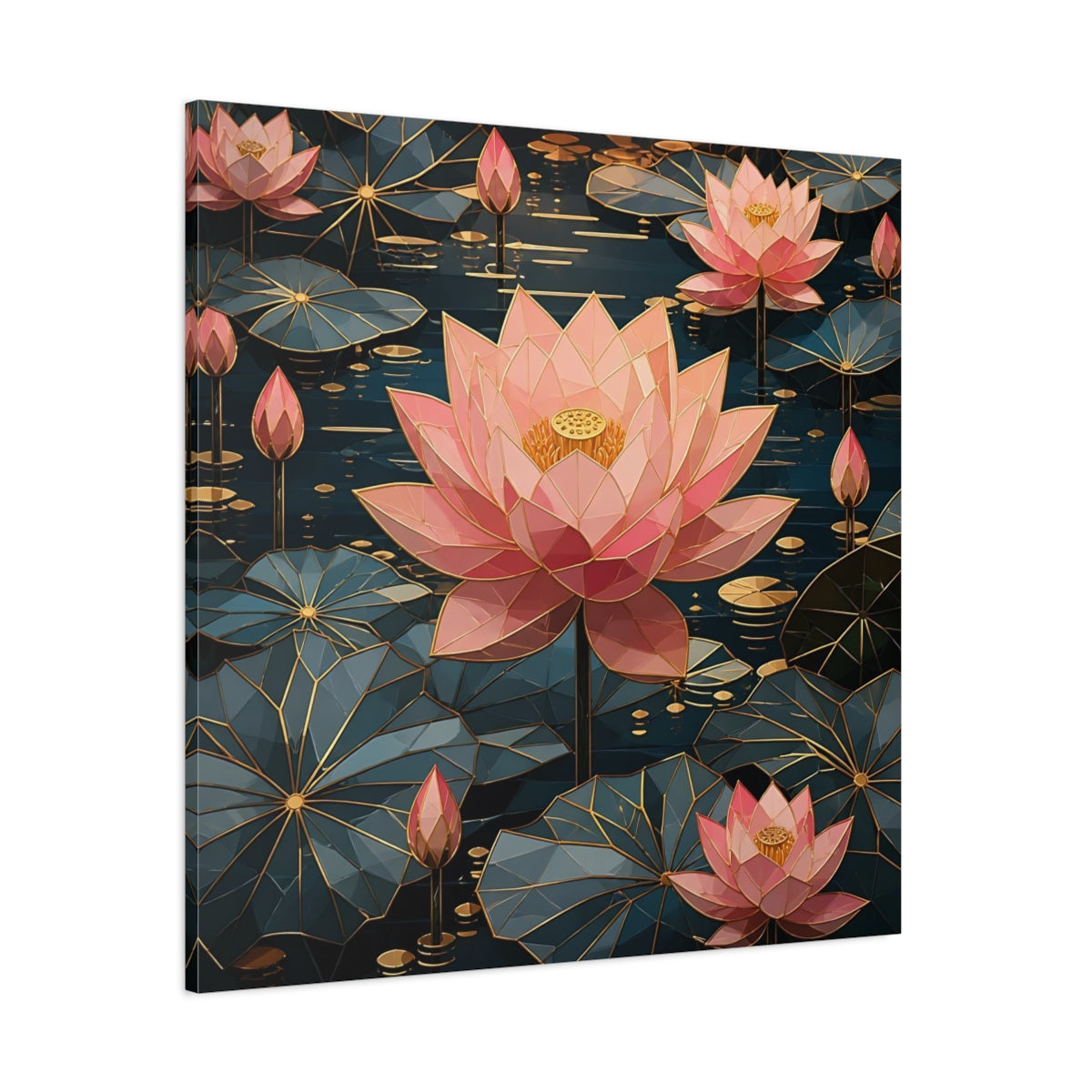 Side Mockup 1. Floral Lotus Flowers Pink And Teal Floral shown as stretched canvas wall art