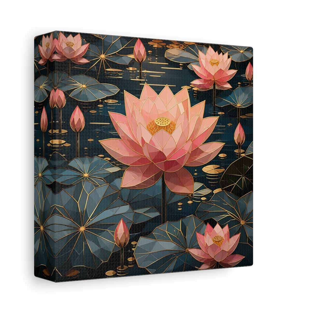 Side Mockup 2. Floral Lotus Flowers Pink And Teal Floral shown as stretched canvas wall art
