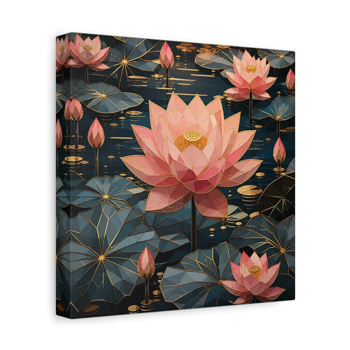 Side Mockup 9. Floral Lotus Flowers Pink And Teal Floral shown as stretched canvas wall art