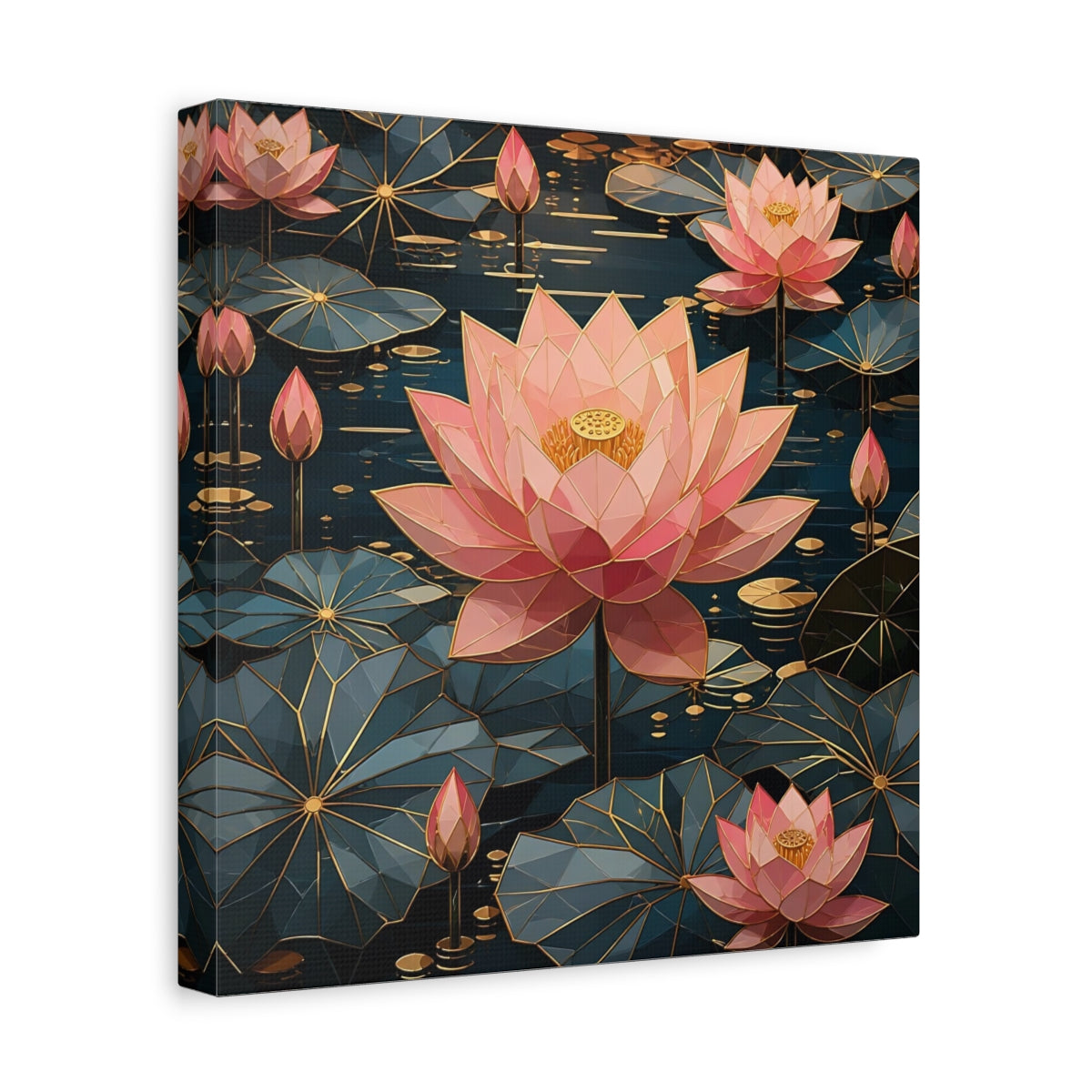 Side Mockup 8. Floral Lotus Flowers Pink And Teal Floral shown as stretched canvas wall art