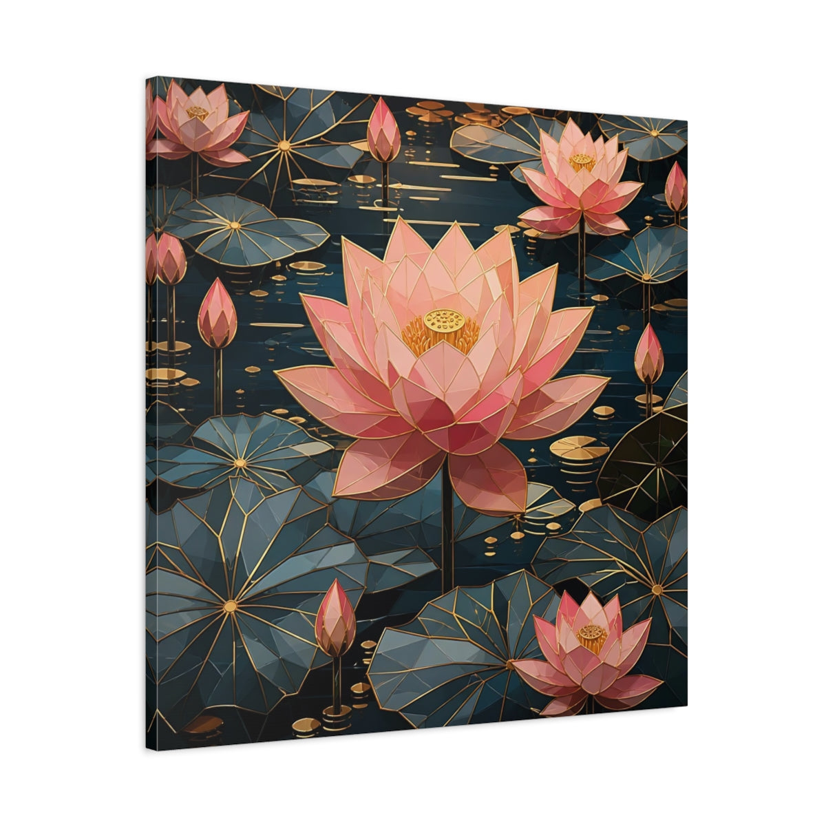 Side Mockup 3. Floral Lotus Flowers Pink And Teal Floral shown as stretched canvas wall art