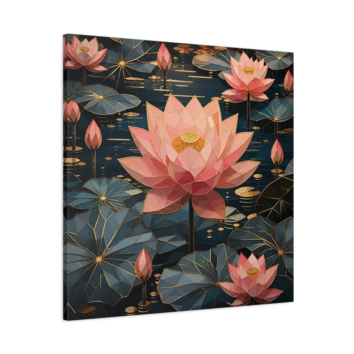 Main Mockup. Floral Lotus Flowers Pink And Teal Floral shown as stretched canvas wall art