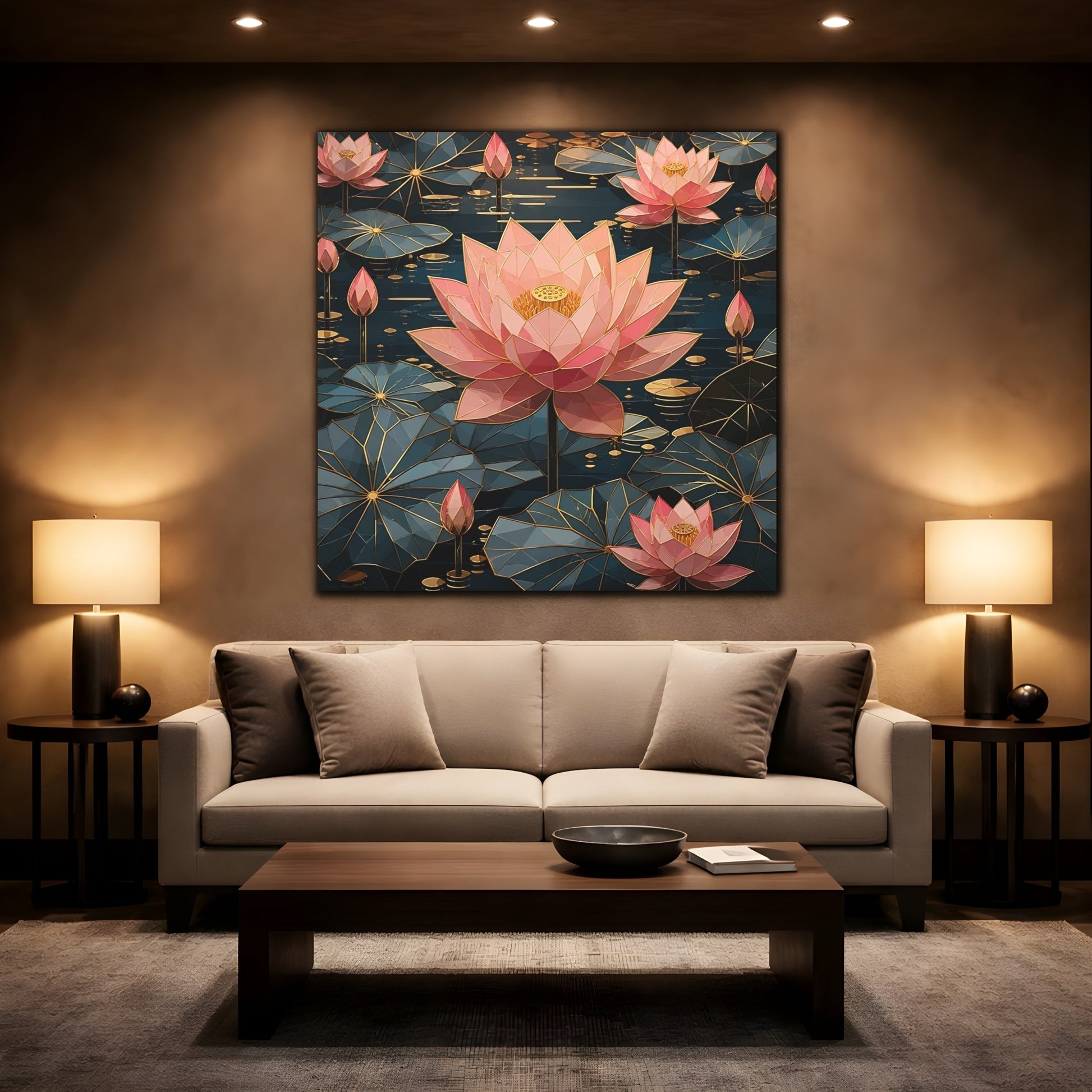 Mockup 2. Floral Lotus Flowers Pink And Teal Floral shown as stretched canvas wall art