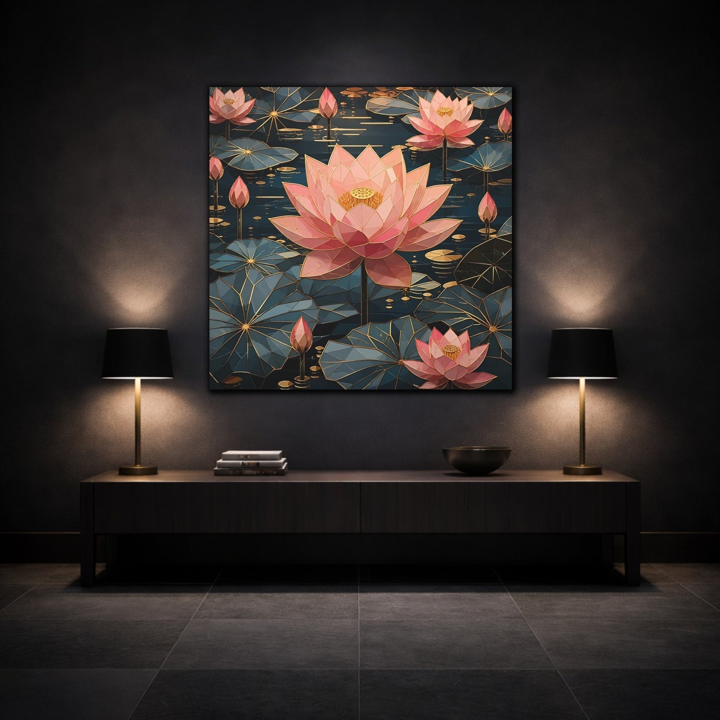 Mockup 3. Floral Lotus Flowers Pink And Teal Floral shown as stretched canvas wall art