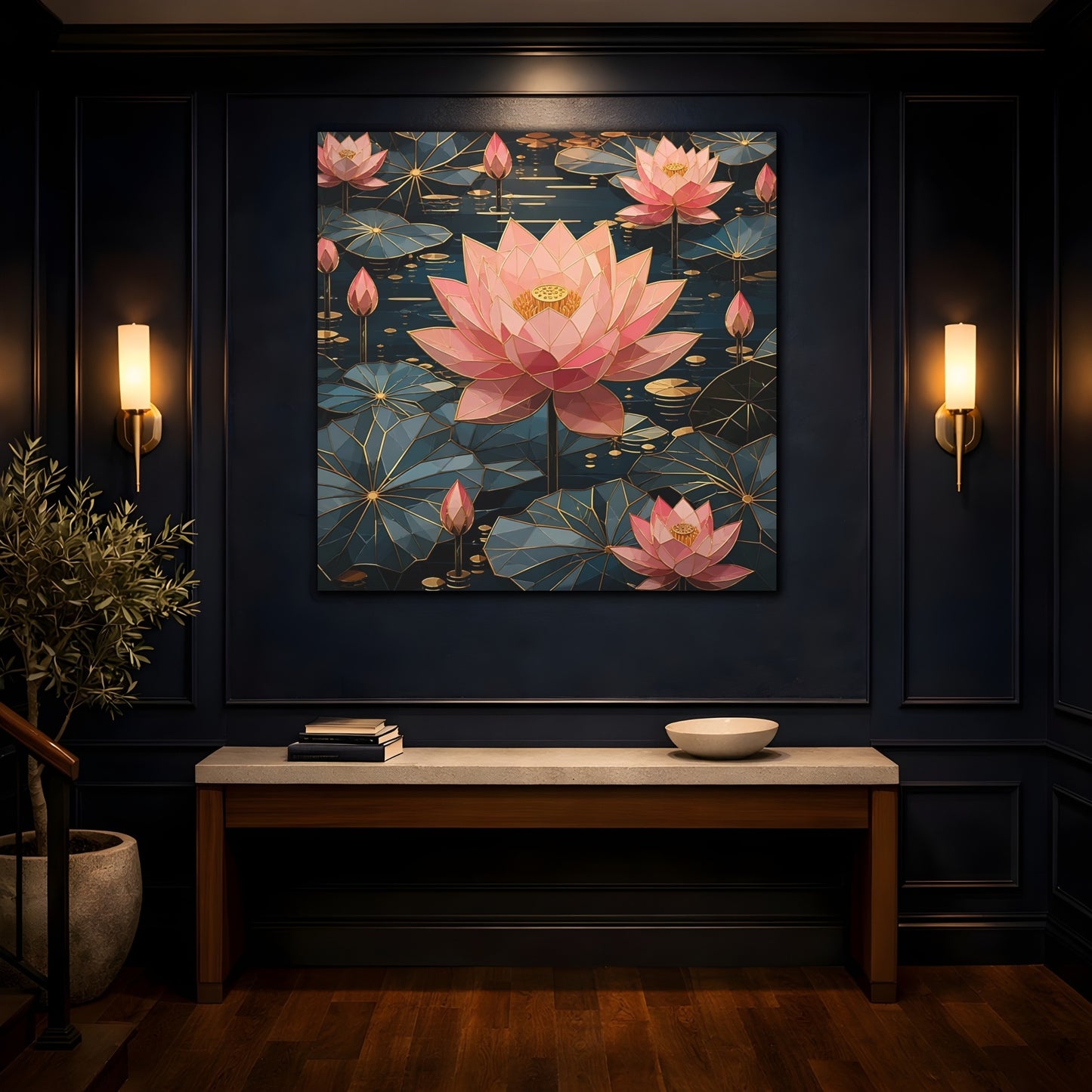 Mockup 4. Floral Lotus Flowers Pink And Teal Floral shown as stretched canvas wall art