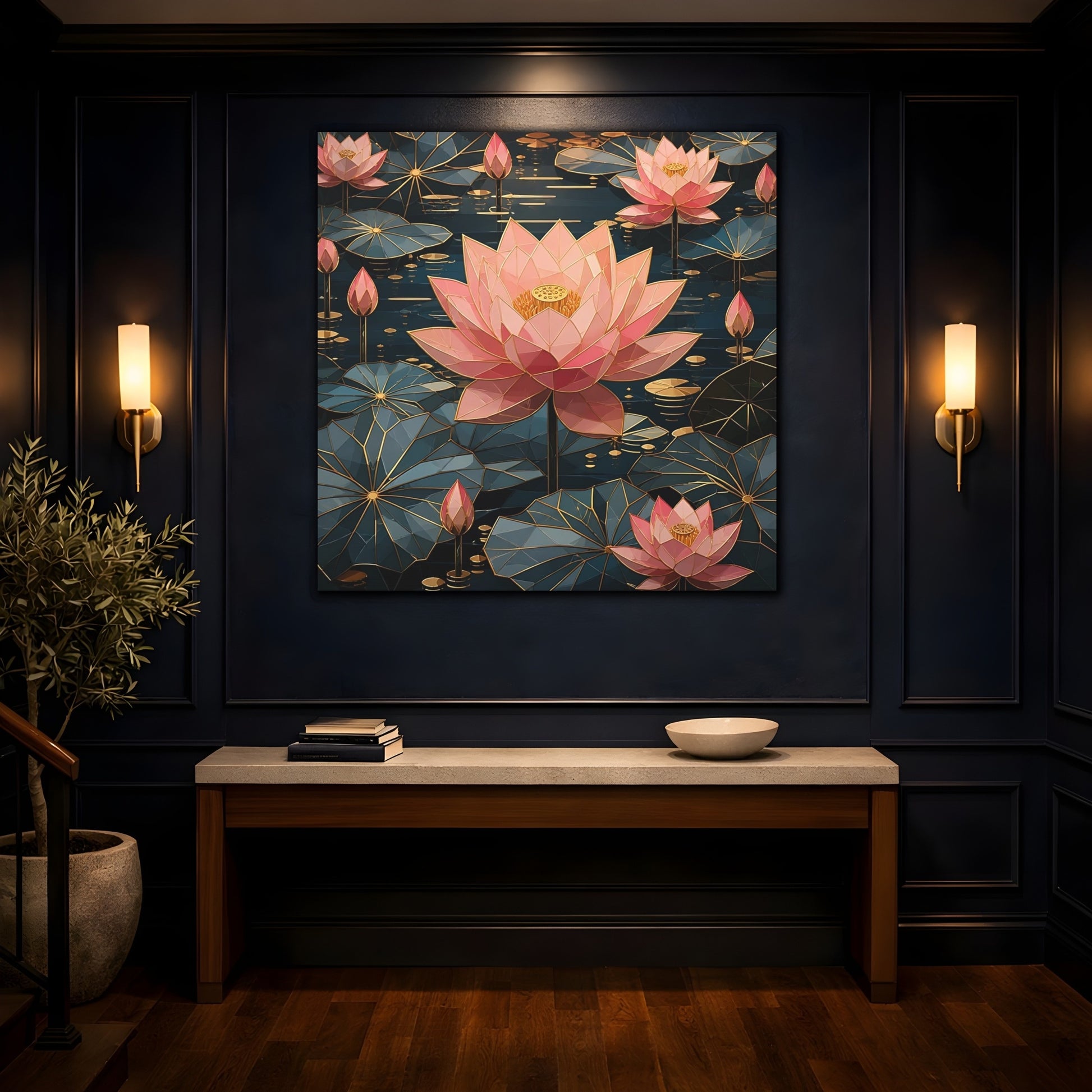 Mockup 4. Floral Lotus Flowers Pink And Teal Floral shown as stretched canvas wall art