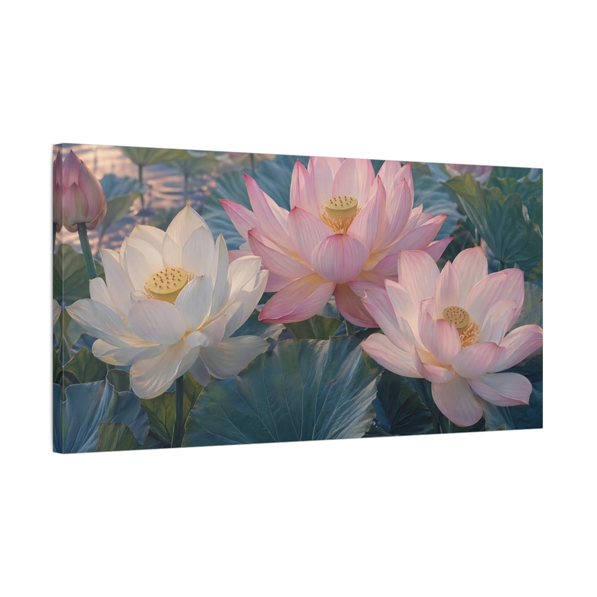 Side Mockup 1. Floral Lotus Flowers Pink And White Lotus shown as stretched canvas wall art