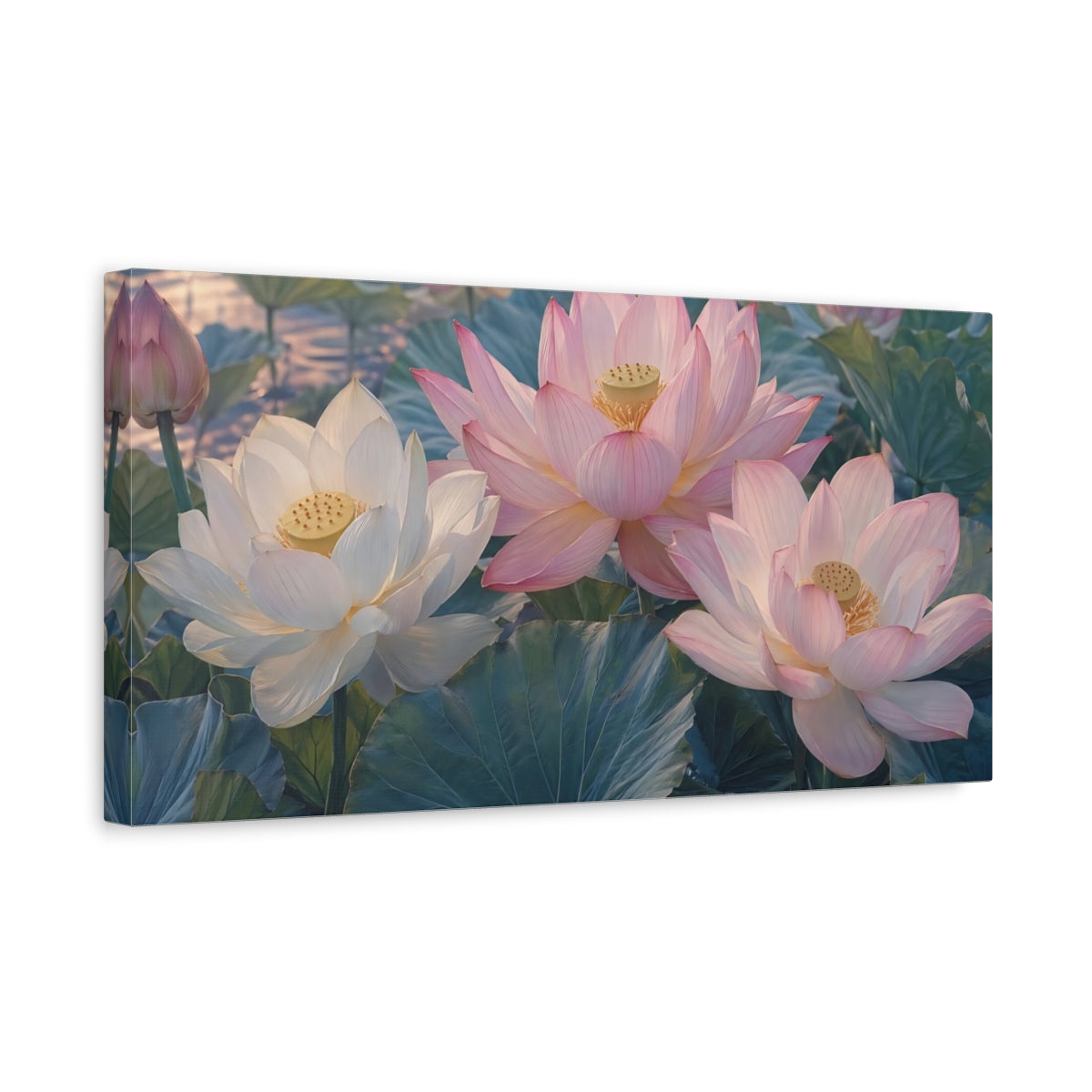 Side Mockup 3. Floral Lotus Flowers Pink And White Lotus shown as stretched canvas wall art