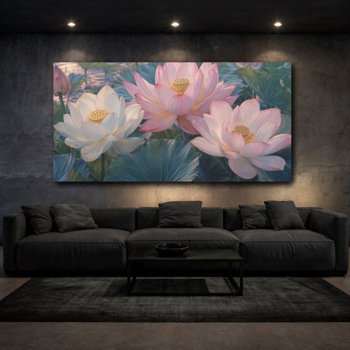 Mockup 2. Floral Lotus Flowers Pink And White Lotus shown as stretched canvas wall art