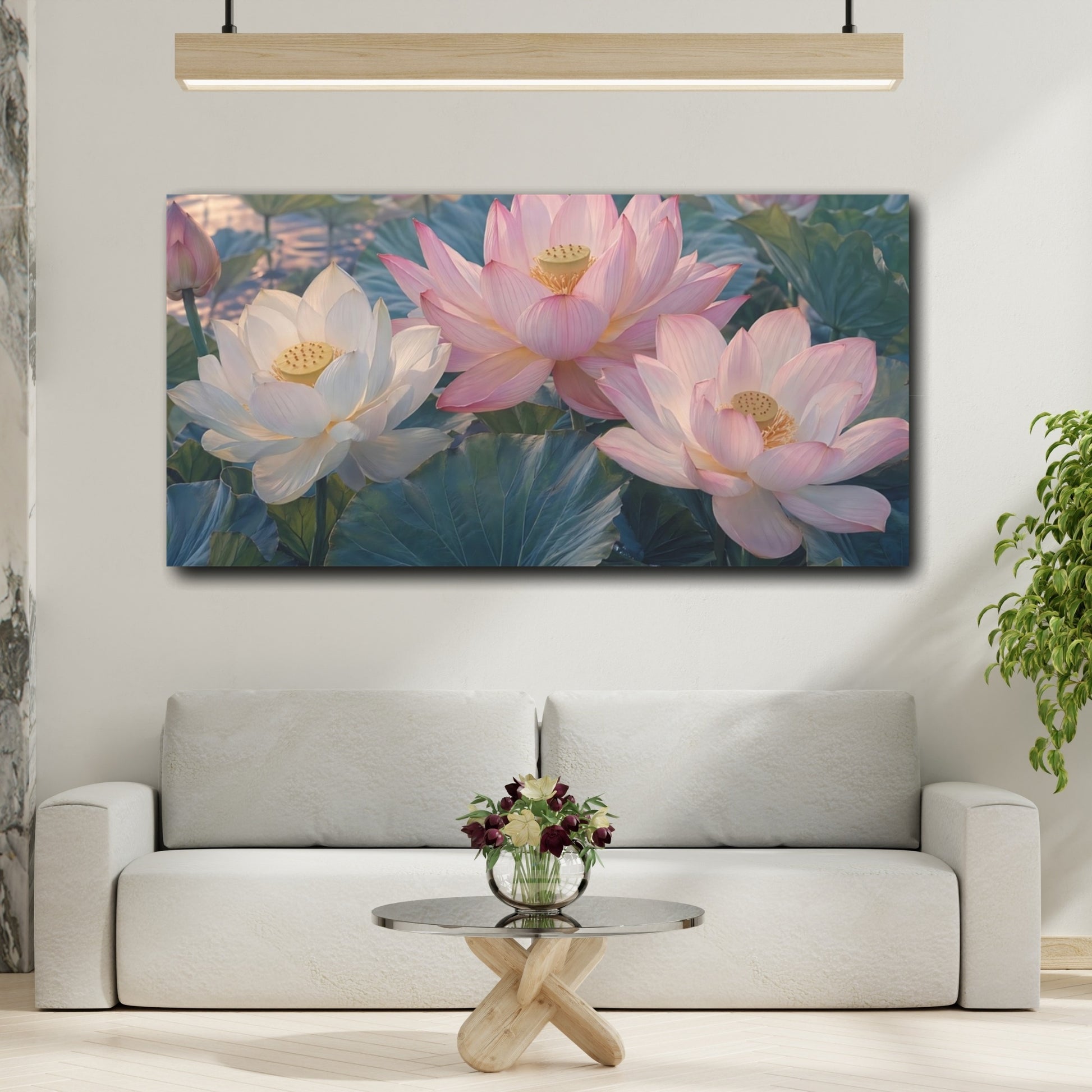Mockup 3. Floral Lotus Flowers Pink And White Lotus shown as stretched canvas wall art