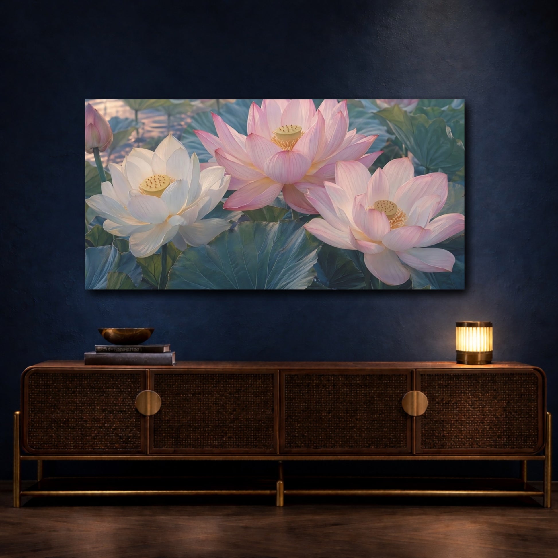 Mockup 4. Floral Lotus Flowers Pink And White Lotus shown as stretched canvas wall art