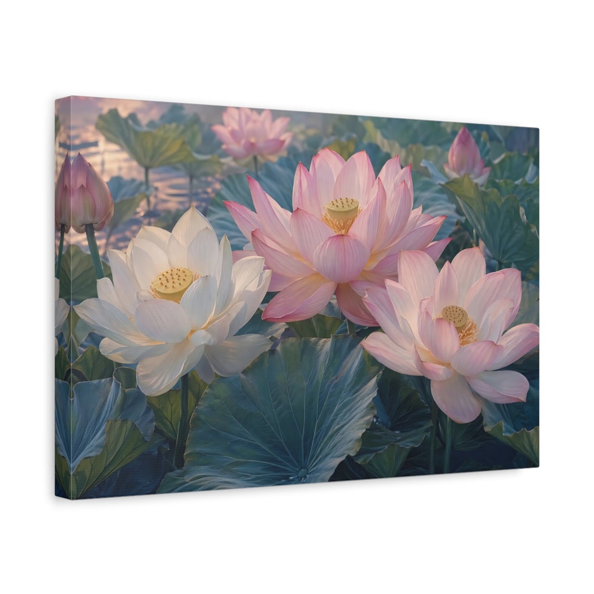 Side Mockup 4. Floral Lotus Flowers Pink Lotus shown as stretched canvas wall art