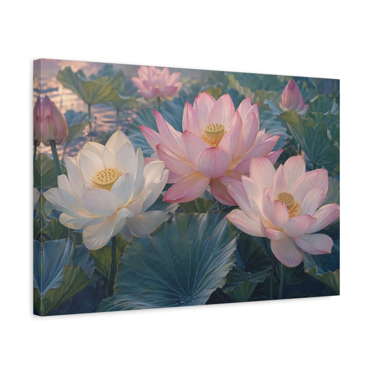 Side Mockup 3. Floral Lotus Flowers Pink Lotus shown as stretched canvas wall art