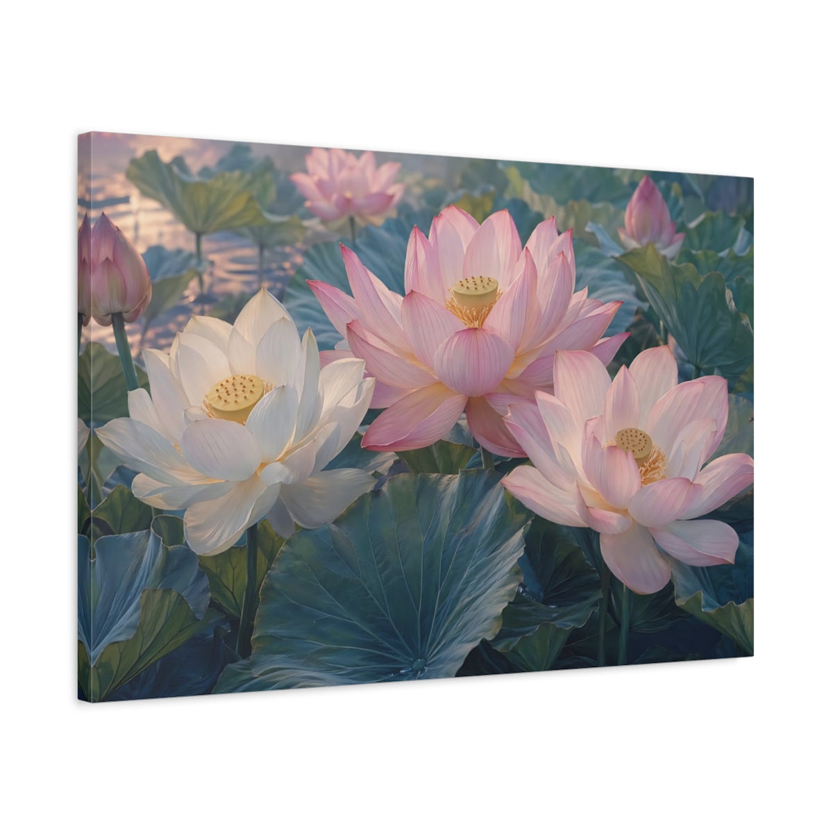Side Mockup 2. Floral Lotus Flowers Pink Lotus shown as stretched canvas wall art
