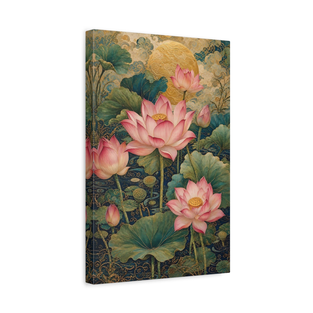 Side Mockup 4. Floral Lotus Flowers Pink Lotus Gold shown as stretched canvas wall art