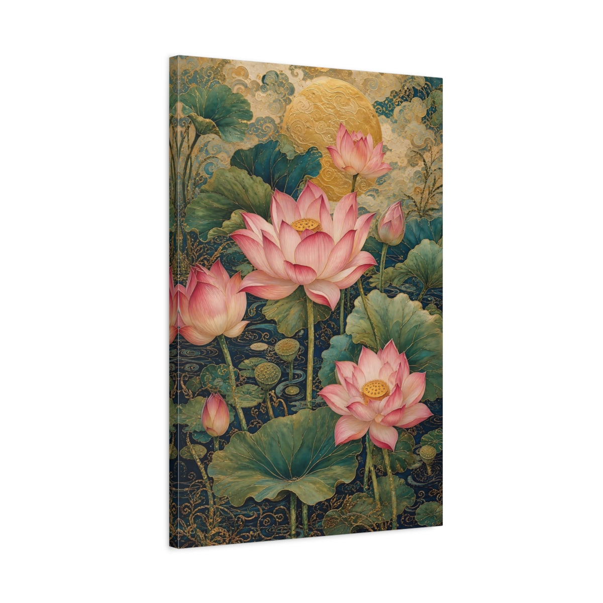 Side Mockup 2. Floral Lotus Flowers Pink Lotus Gold shown as stretched canvas wall art