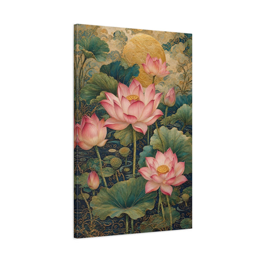 Main Mockup. Floral Lotus Flowers Pink Lotus Gold shown as stretched canvas wall art