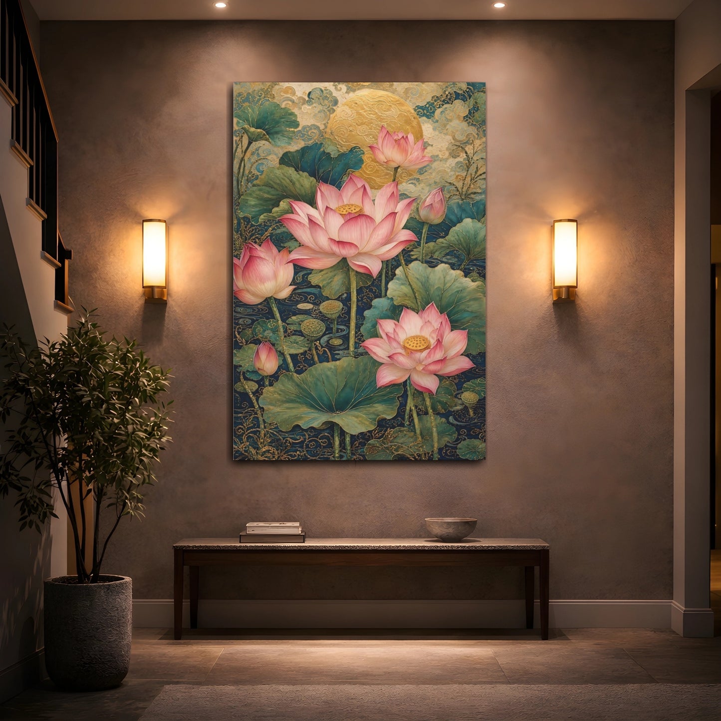 Mockup 2. Floral Lotus Flowers Pink Lotus Gold shown as stretched canvas wall art