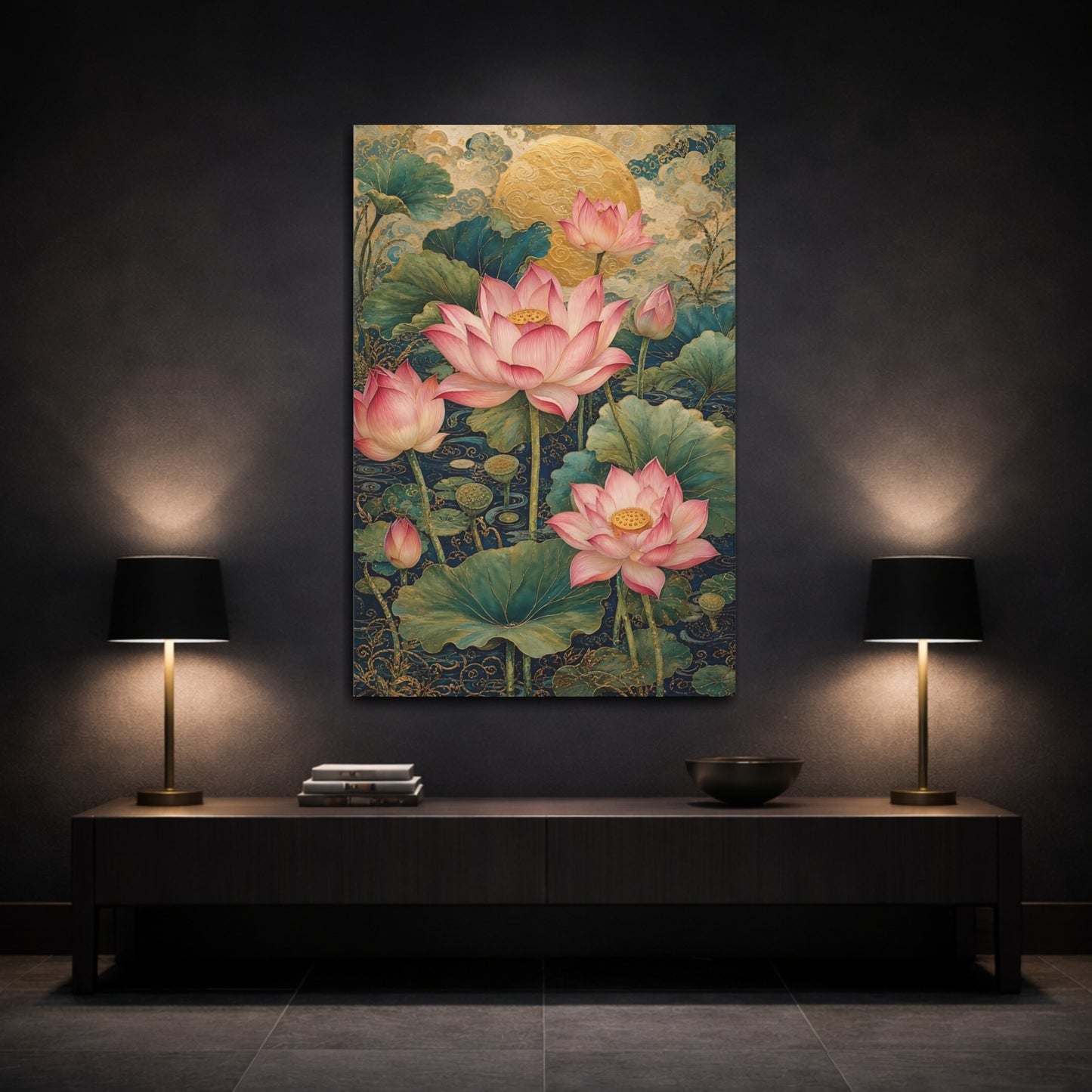 Mockup 3. Floral Lotus Flowers Pink Lotus Gold shown as stretched canvas wall art