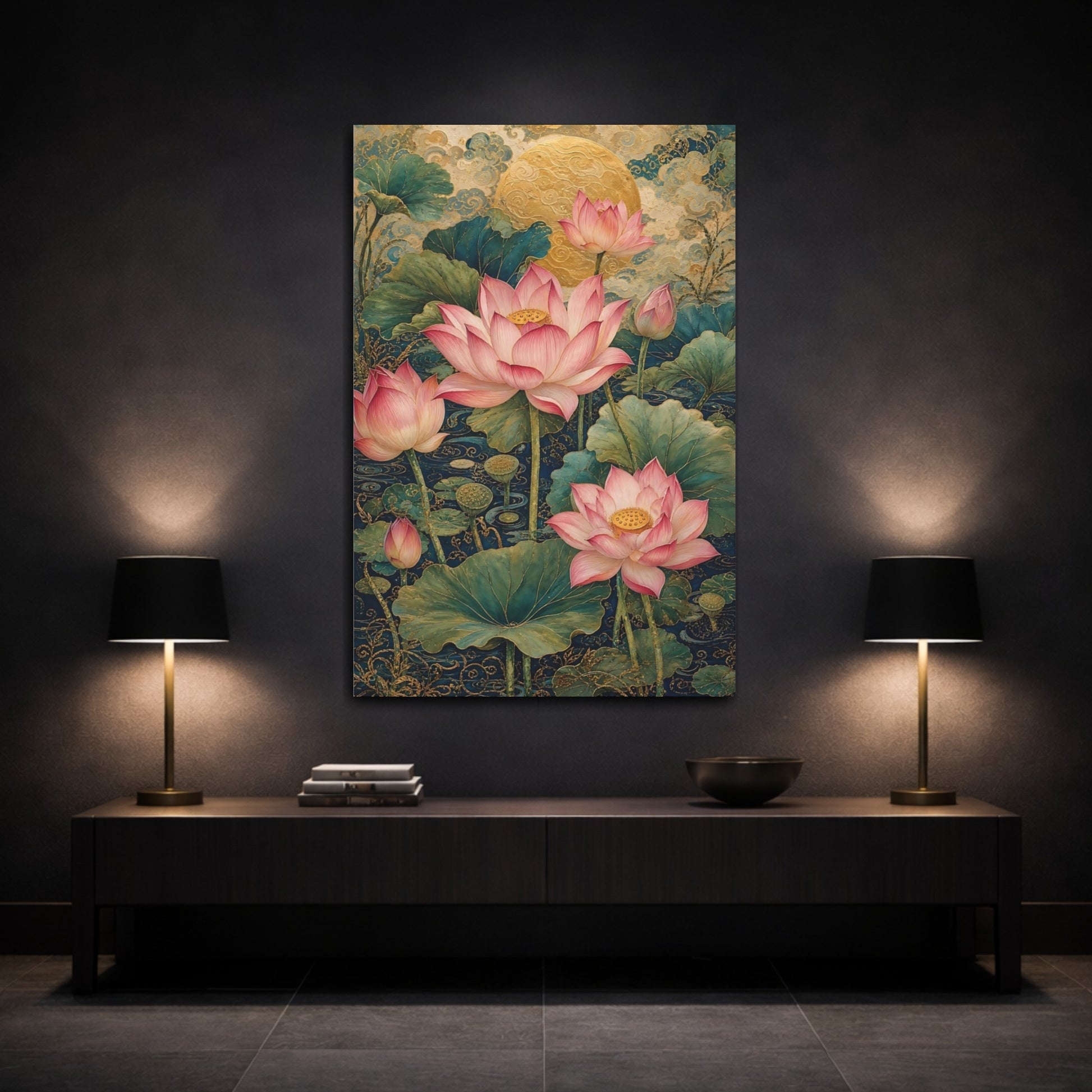 Mockup 3. Floral Lotus Flowers Pink Lotus Gold shown as stretched canvas wall art