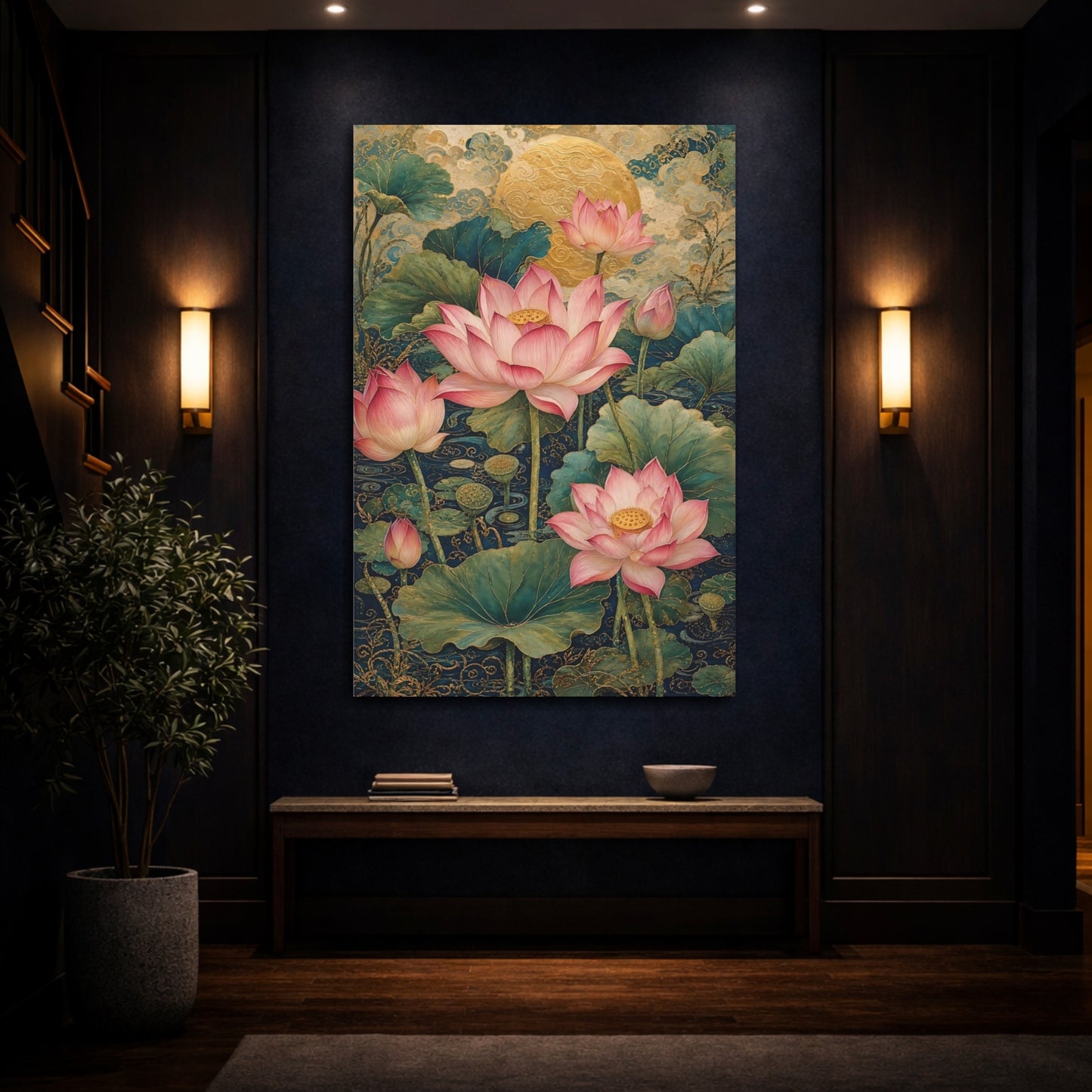 Mockup 4. Floral Lotus Flowers Pink Lotus Gold shown as stretched canvas wall art