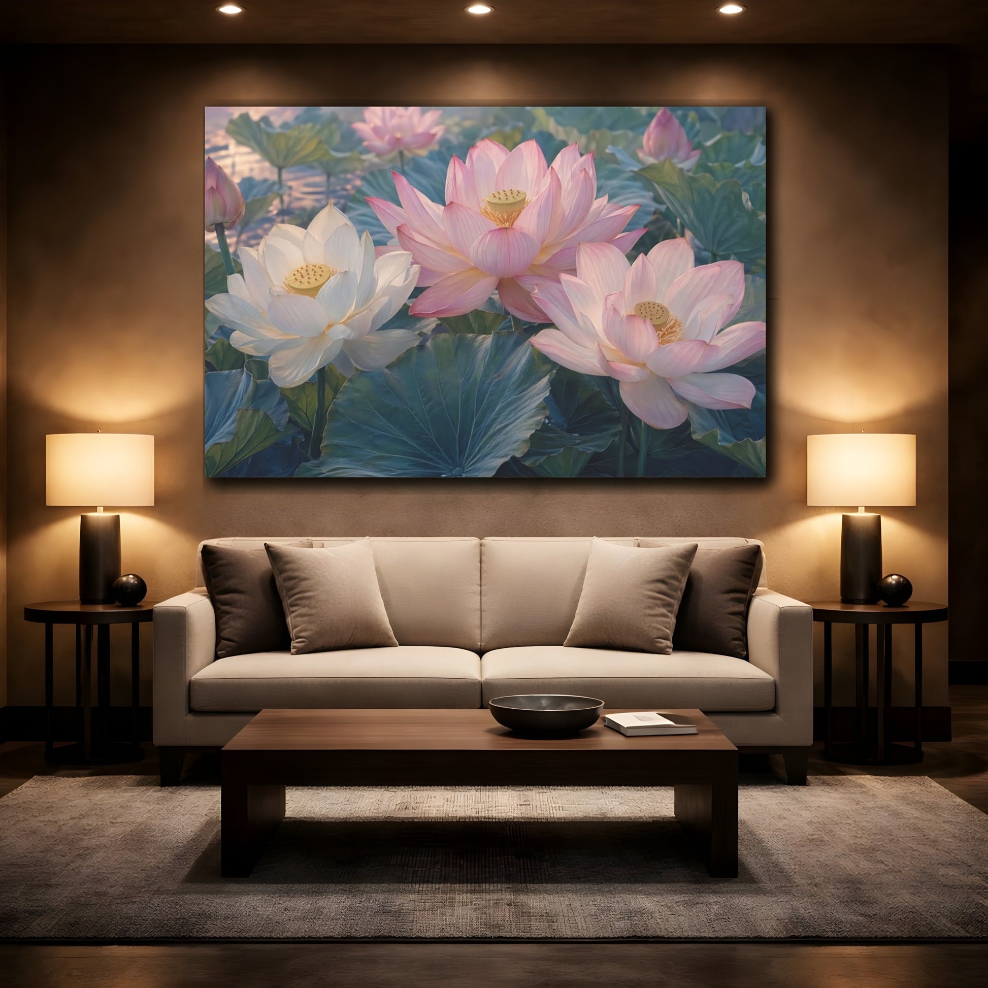 Mockup 2. Floral Lotus Flowers Pink Lotus shown as stretched canvas wall art