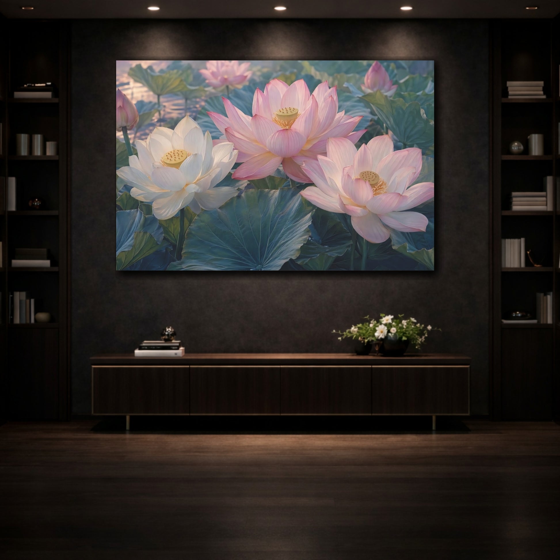 Mockup 3. Floral Lotus Flowers Pink Lotus shown as stretched canvas wall art