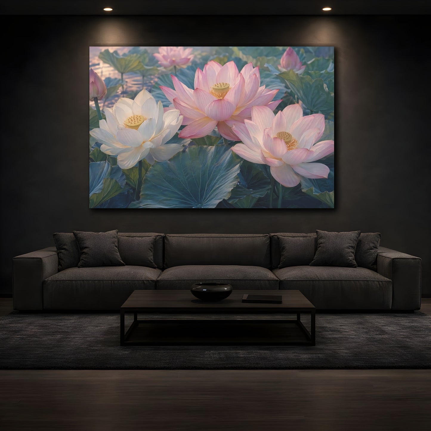 Mockup 4. Floral Lotus Flowers Pink Lotus shown as stretched canvas wall art