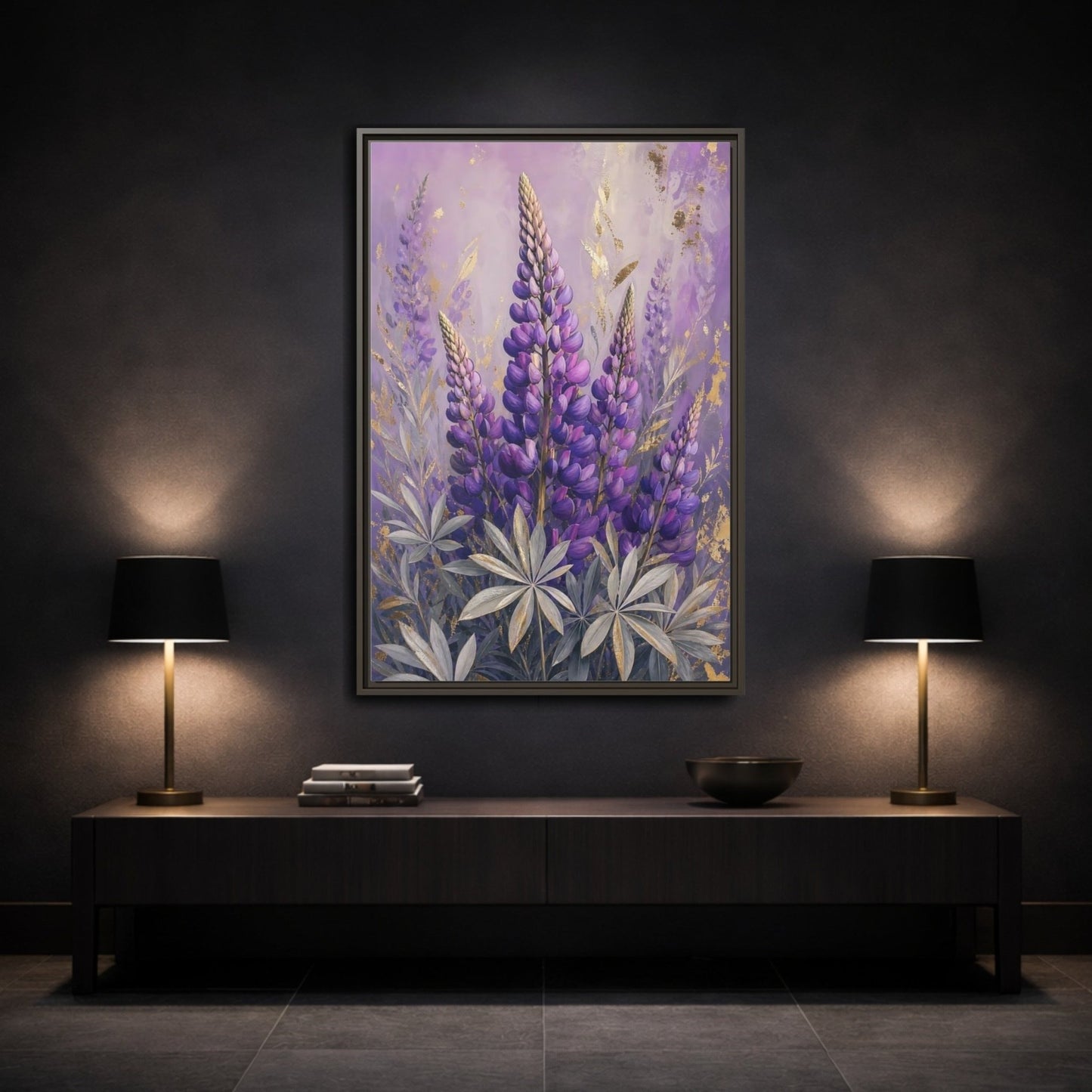 Floral Lupin Flowers Purple Framed Canvas Print – Living Room, Above Fireplace - YesArtYes