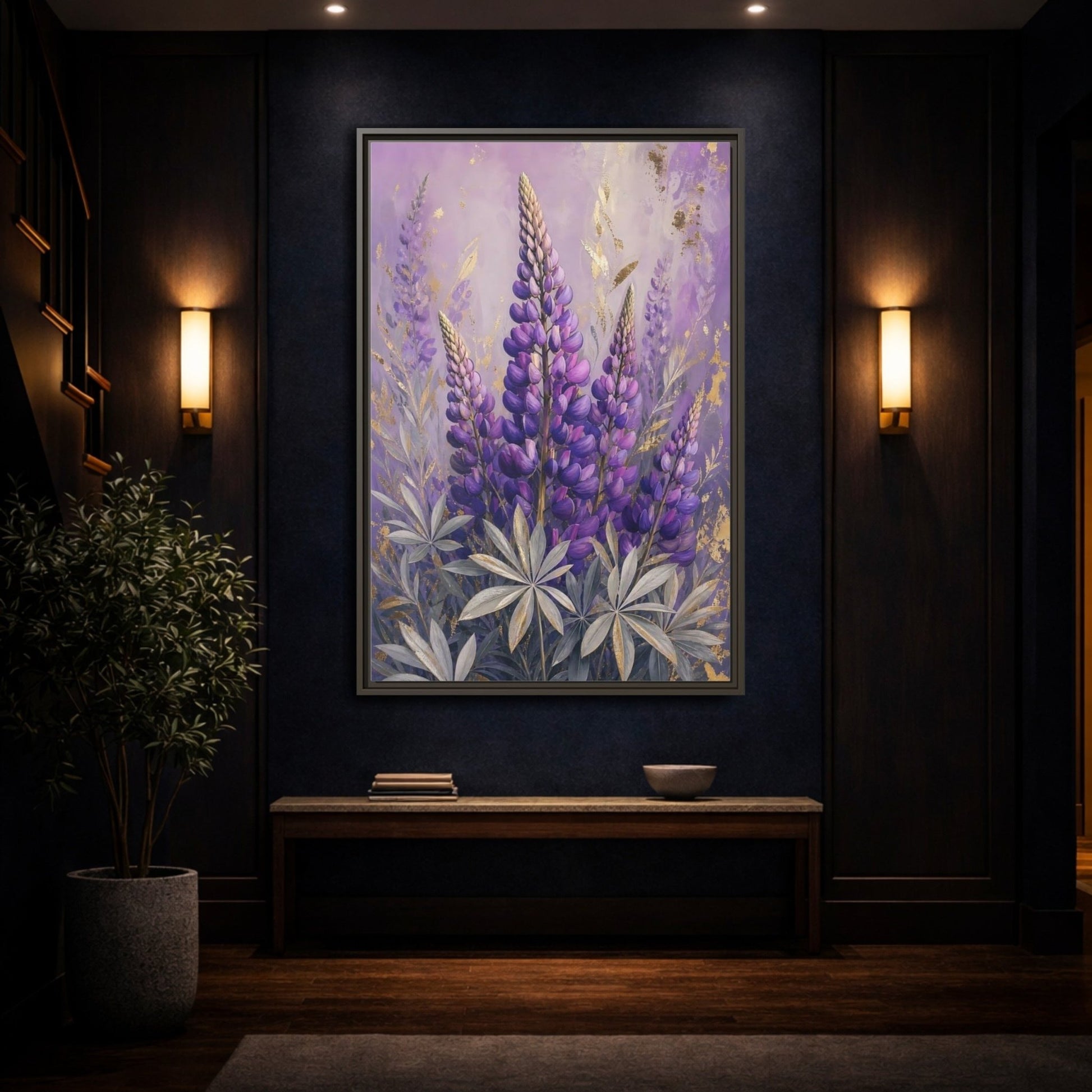 Floral Lupin Flowers Purple Framed Canvas Print – Living Room, Above Fireplace - YesArtYes