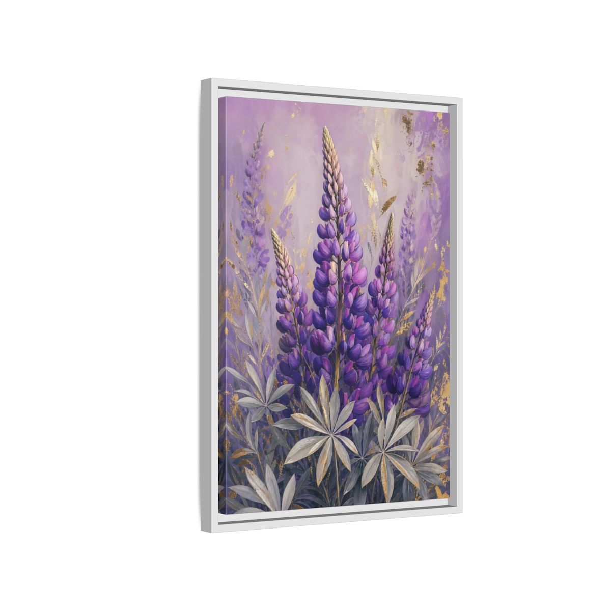 Side Mockup 1. Floral Lupin Flowers Purple Lupin shown as framed canvas print