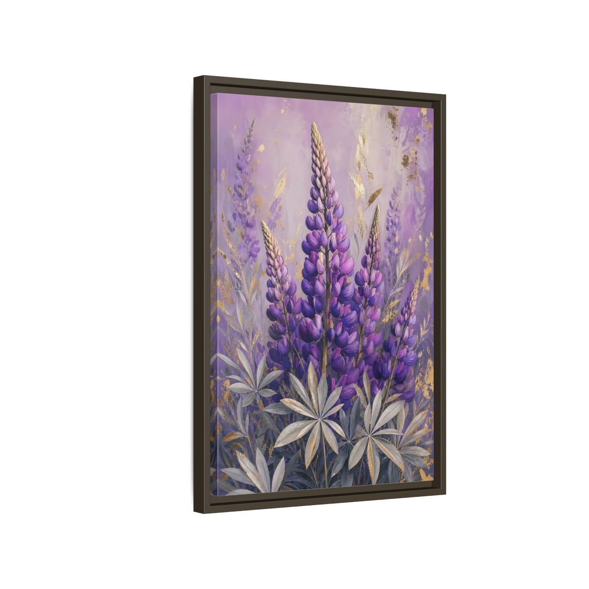 Side Mockup 2. Floral Lupin Flowers Purple Lupin shown as framed canvas print