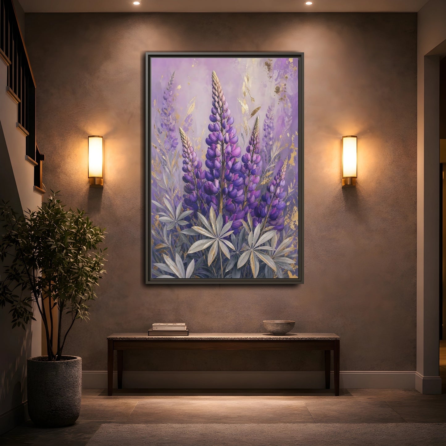 Mockup 2. Floral Lupin Flowers Purple Lupin shown as framed canvas print
