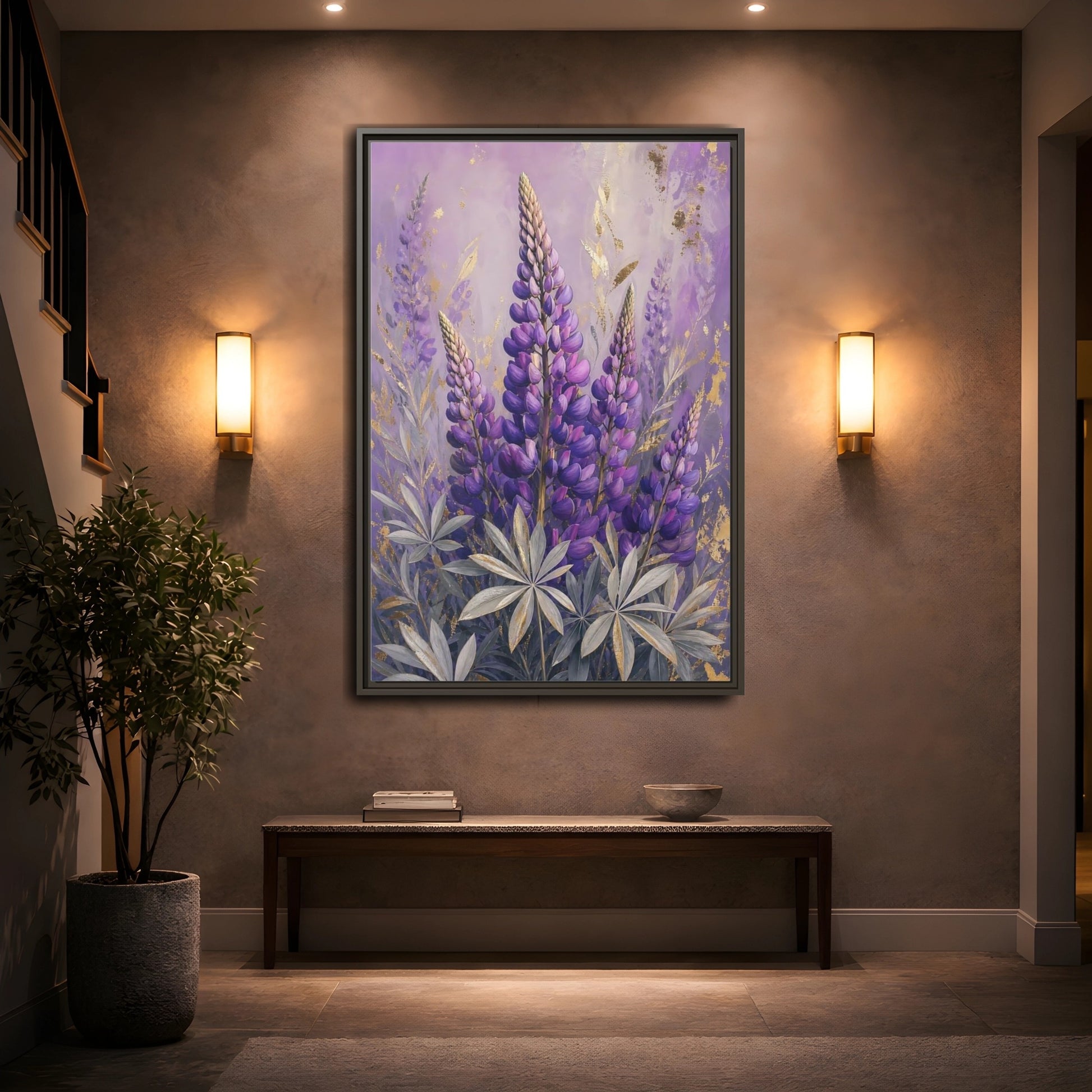 Mockup 2. Floral Lupin Flowers Purple Lupin shown as framed canvas print