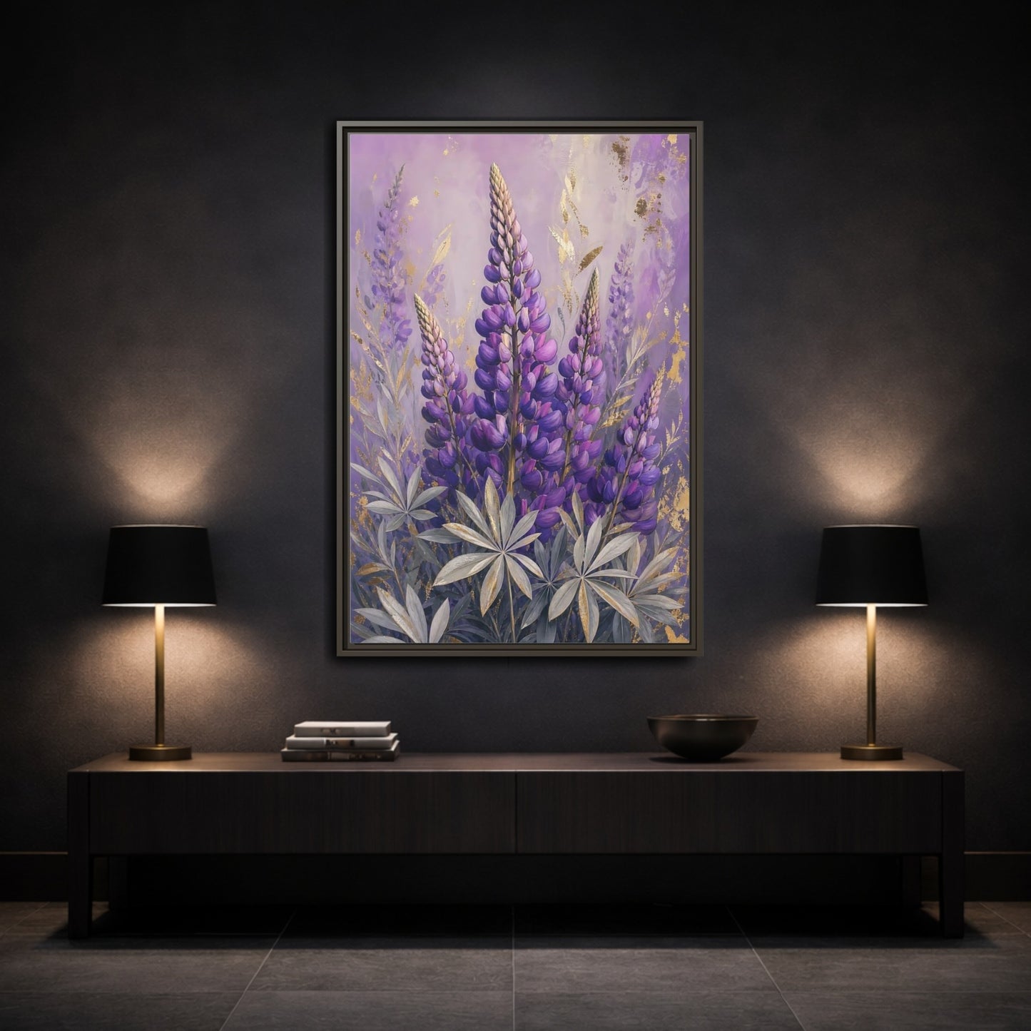 Mockup 3. Floral Lupin Flowers Purple Lupin shown as framed canvas print