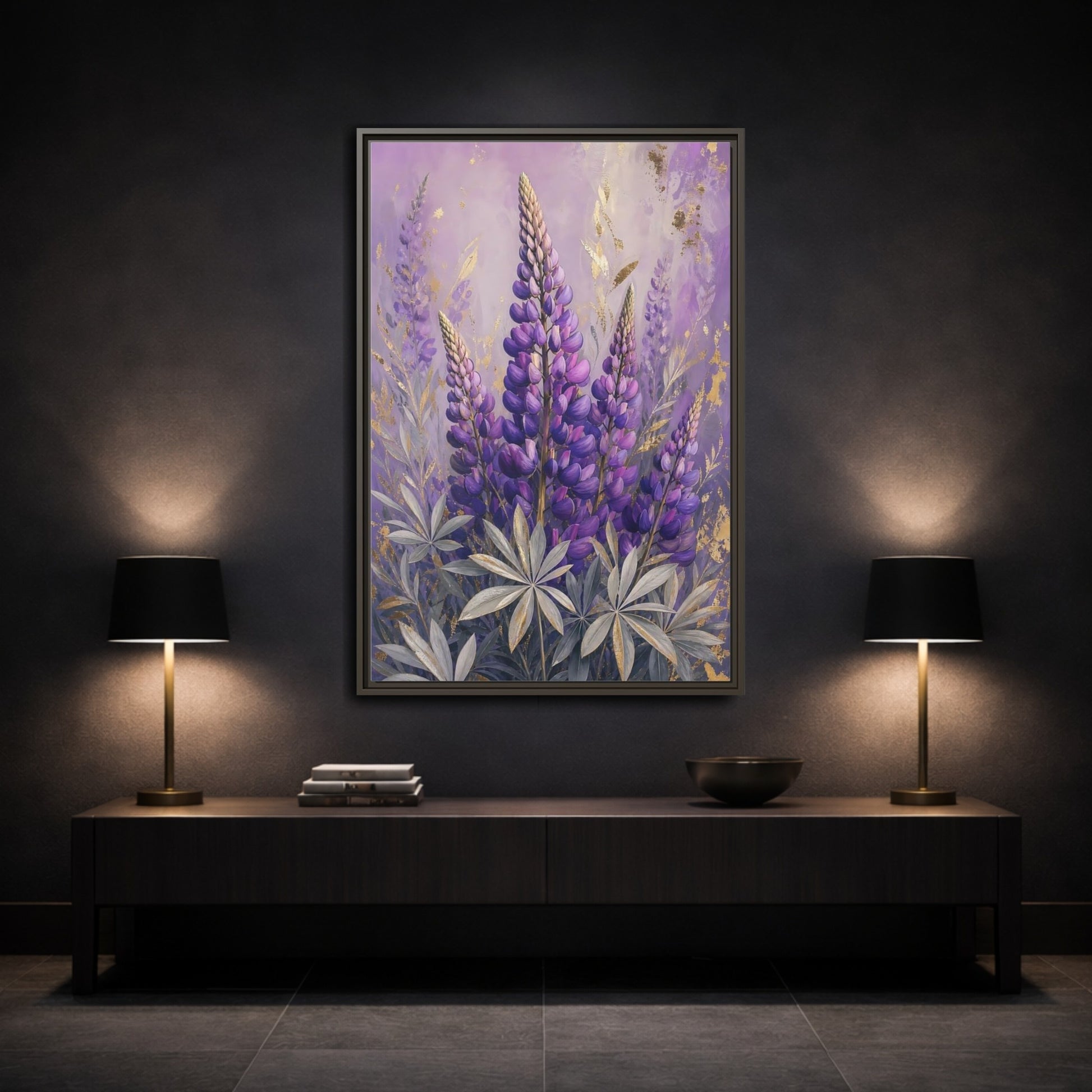 Mockup 3. Floral Lupin Flowers Purple Lupin shown as framed canvas print