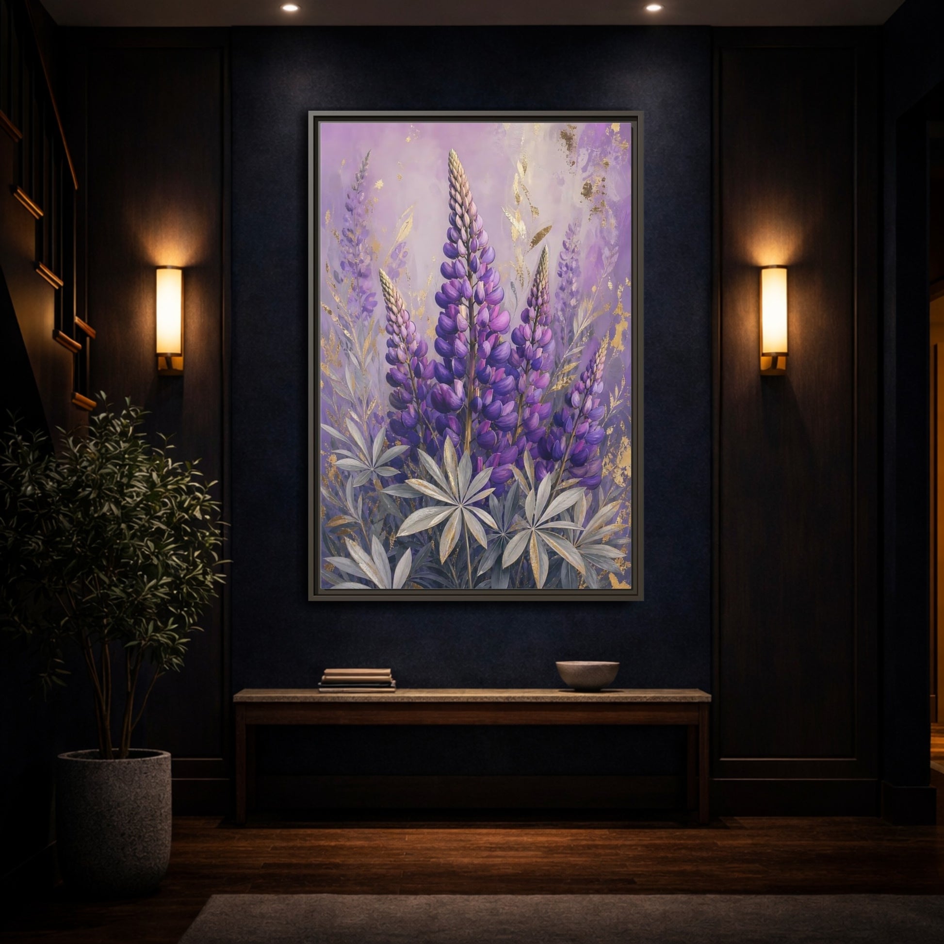 Mockup 4. Floral Lupin Flowers Purple Lupin shown as framed canvas print